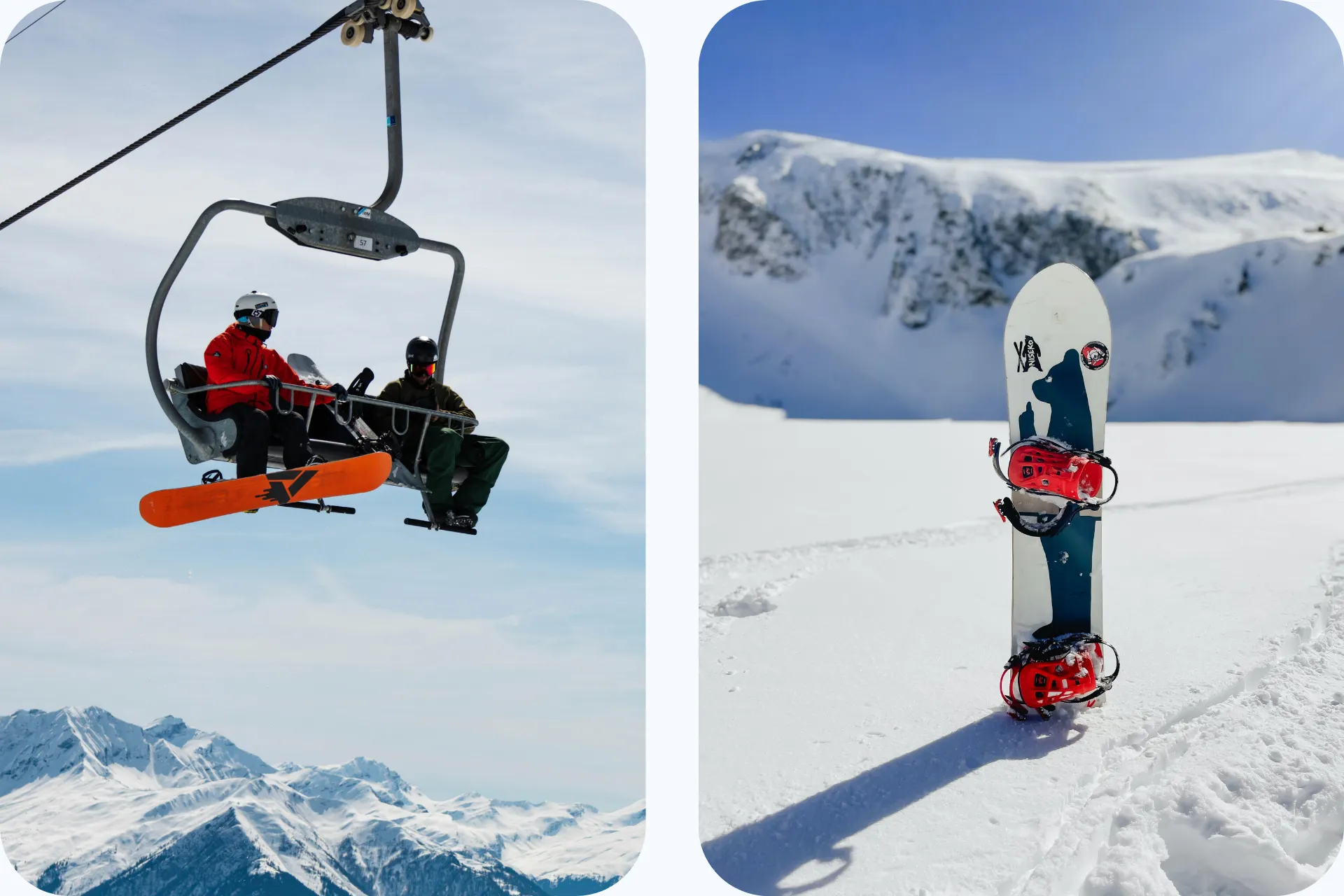Snowboarders in een stoeltjeslift en een snowboard in de sneeuw met uitzicht op besneeuwde bergen in Seefeld Rosshütte.