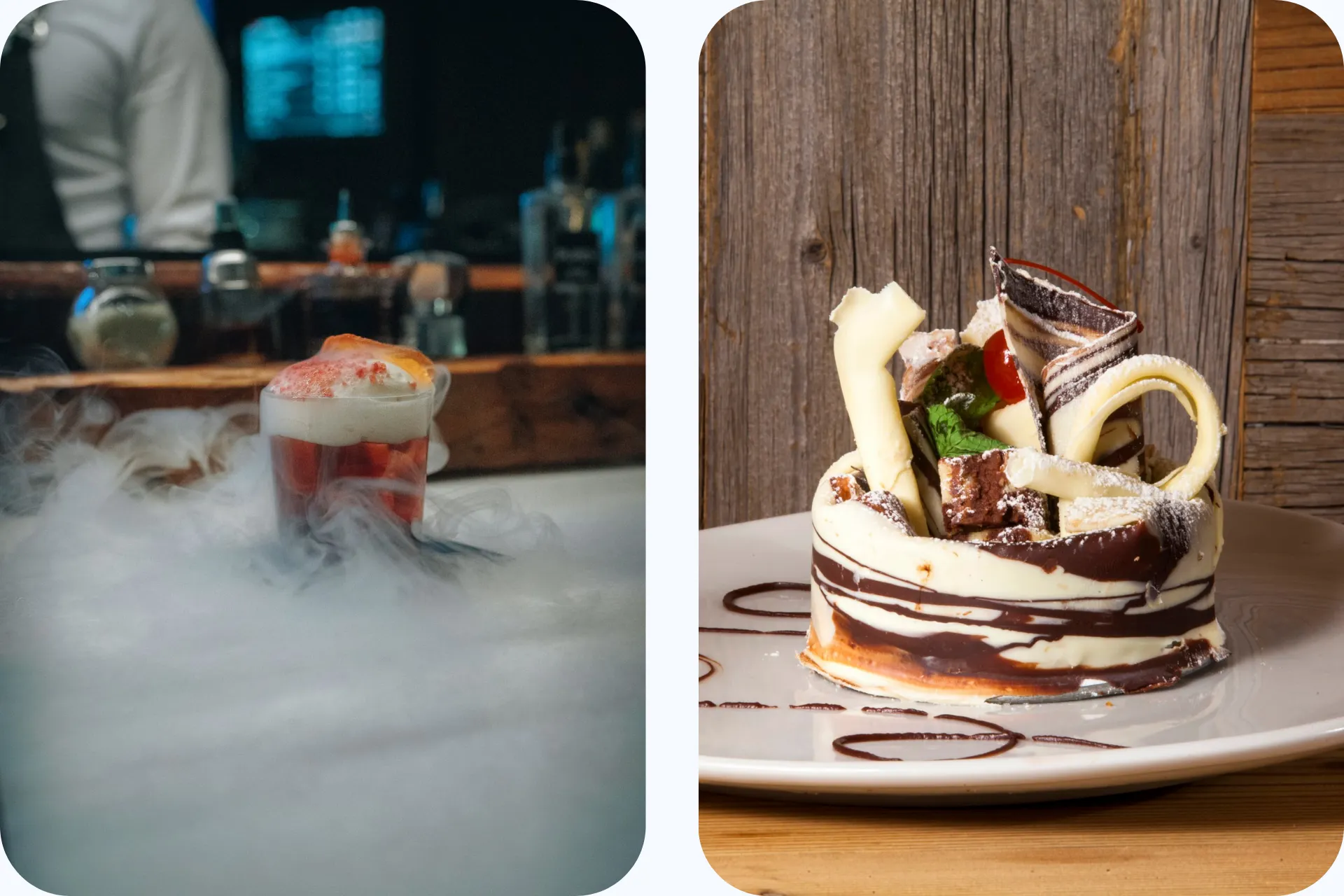 Twee afbeeldingen naast elkaar. Links een afbeelding van een cocktail in rook omhult in de Iceberg Loungebar in hotel Col Alto in Corvara en rechts een desert.