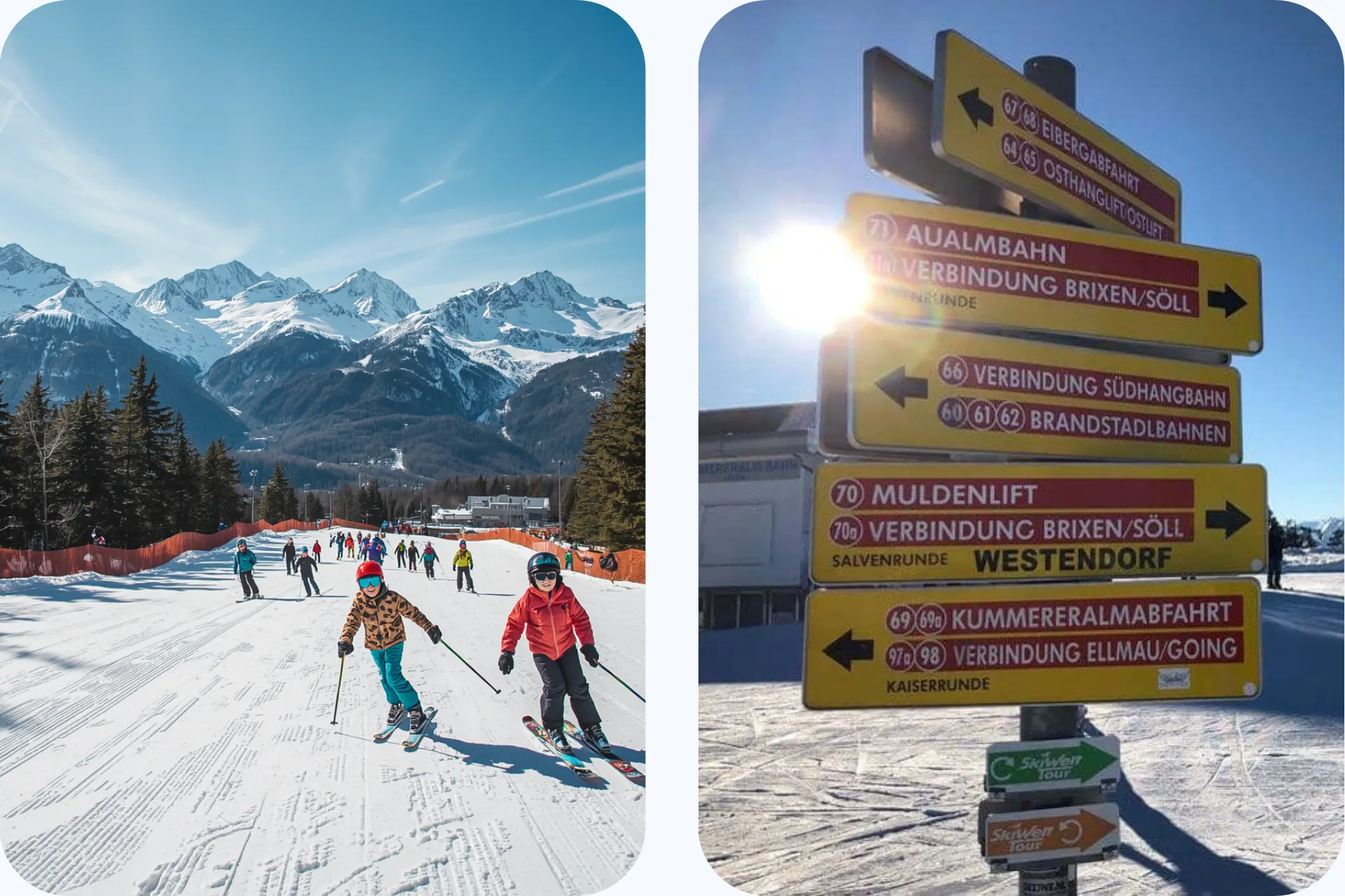 Twee afbeeldingen. Links skiërs die een piste af skiën in Brixen in het gebied SkiWelt. Op de rechterfoto zie je een bord met richtingaanwijzers naar de verschillende dorpen en punten in SkiWelt.