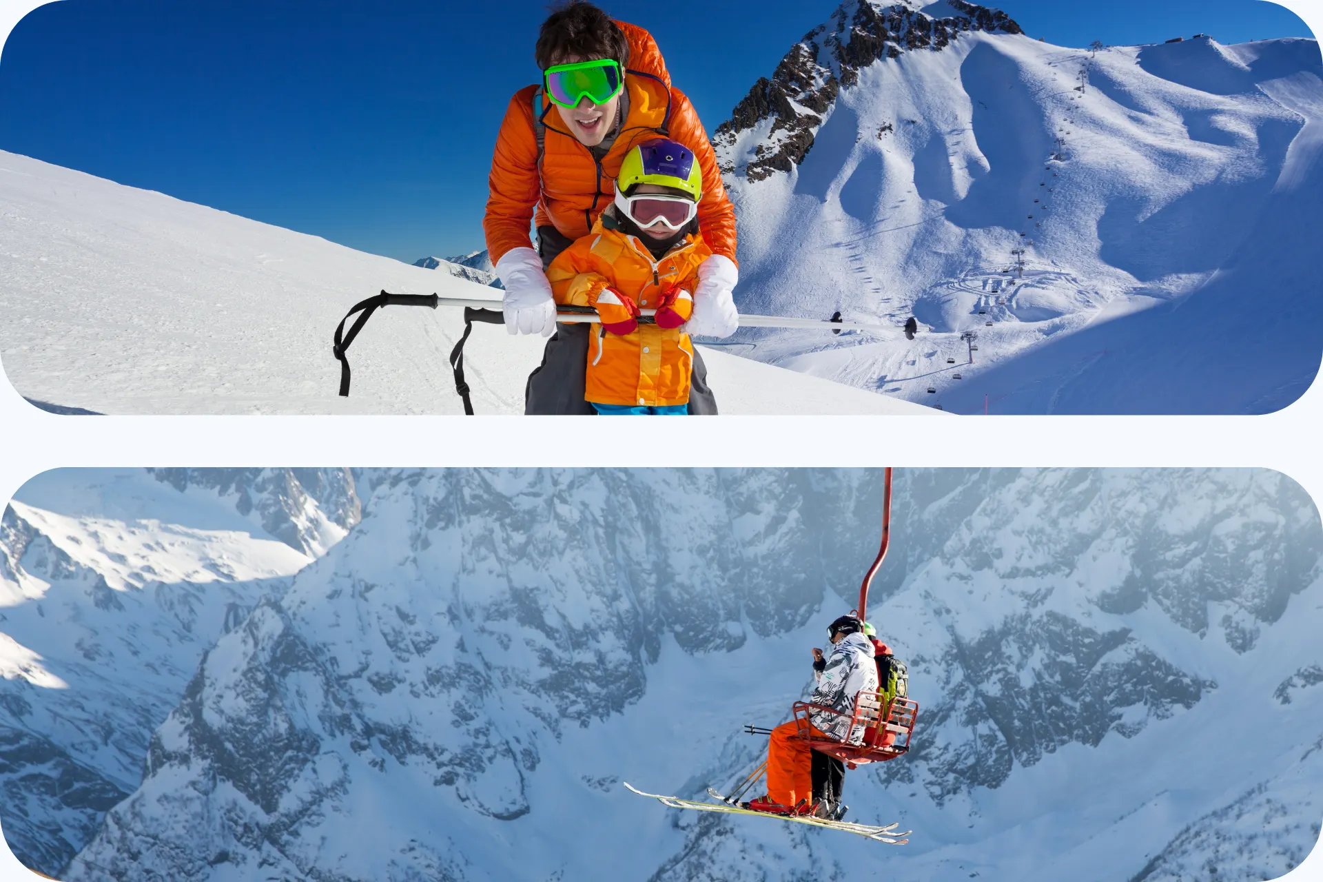 Vader en zoon op de piste en een stoeltjeslift met mensen