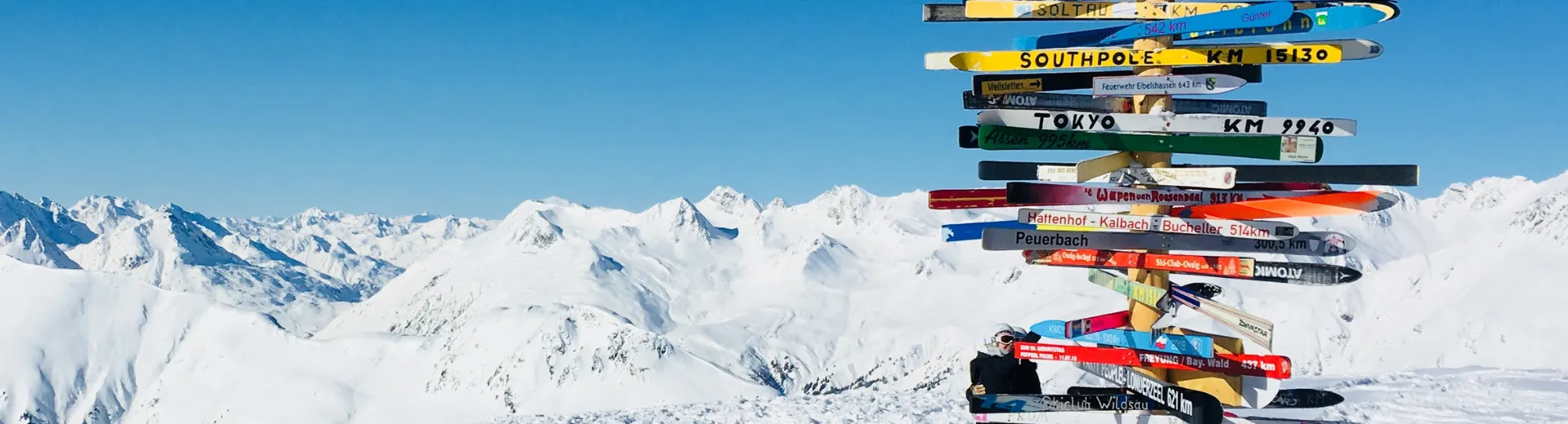 Bord met locaties hoog in de bergen van een skigebied.
