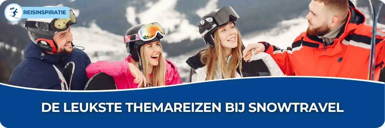Afbeelding van jongeren op skivakantie met de tekst: onze themareizen.