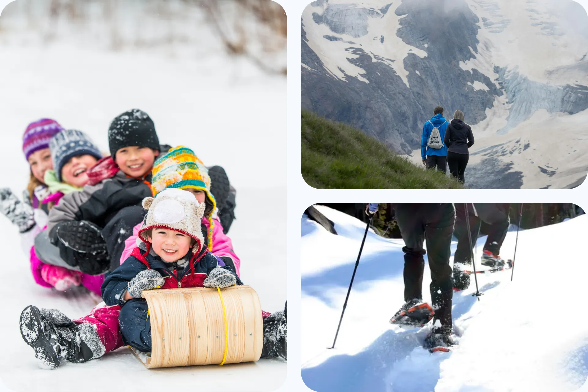 Drie afbeeldingen waarop links kinderen op een slee zitten. En rechtsboven een stel aan het wandelen is in de bergen en over een panoramisch uitzicht kijken en rechtsonder een stel die met sneeuwschoenen aan het wandelen zijn.