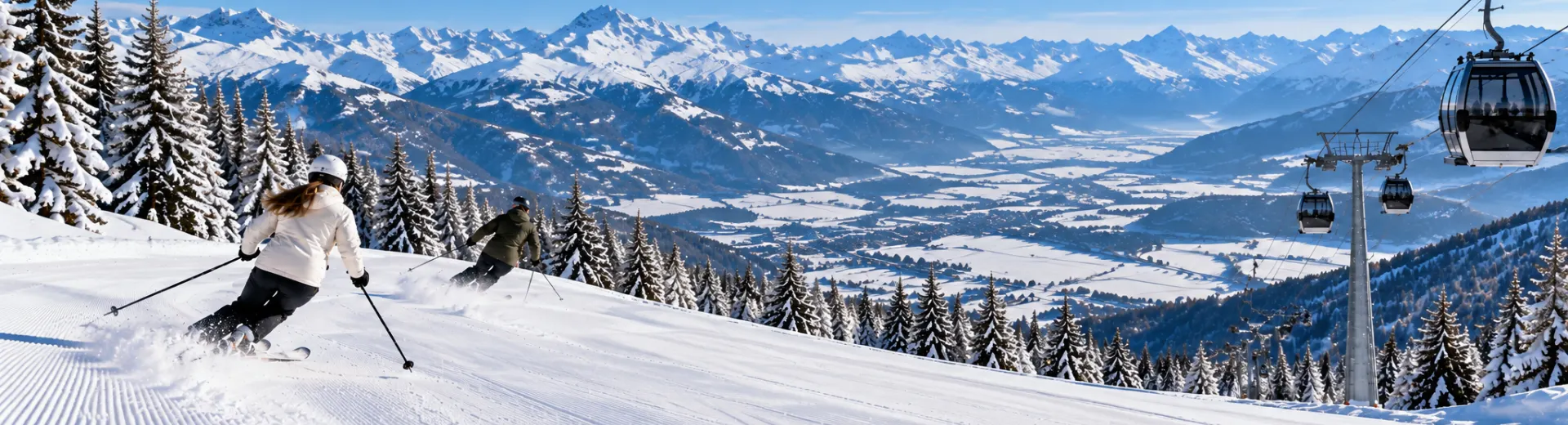 Een skiër die de piste afgaat, met aan de rechterkant een skilift.