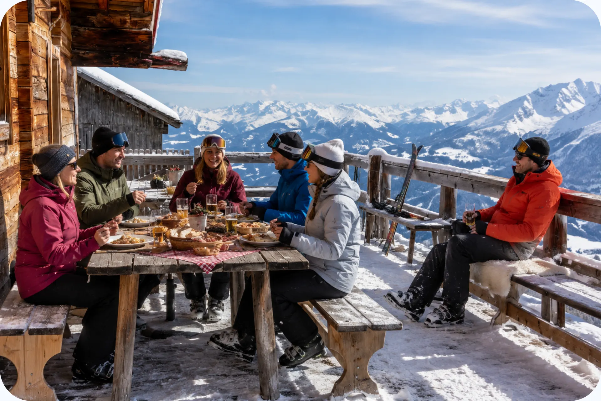 Skiërs die in een berghut aan het lunchen zijn in SkiWelt gebied.