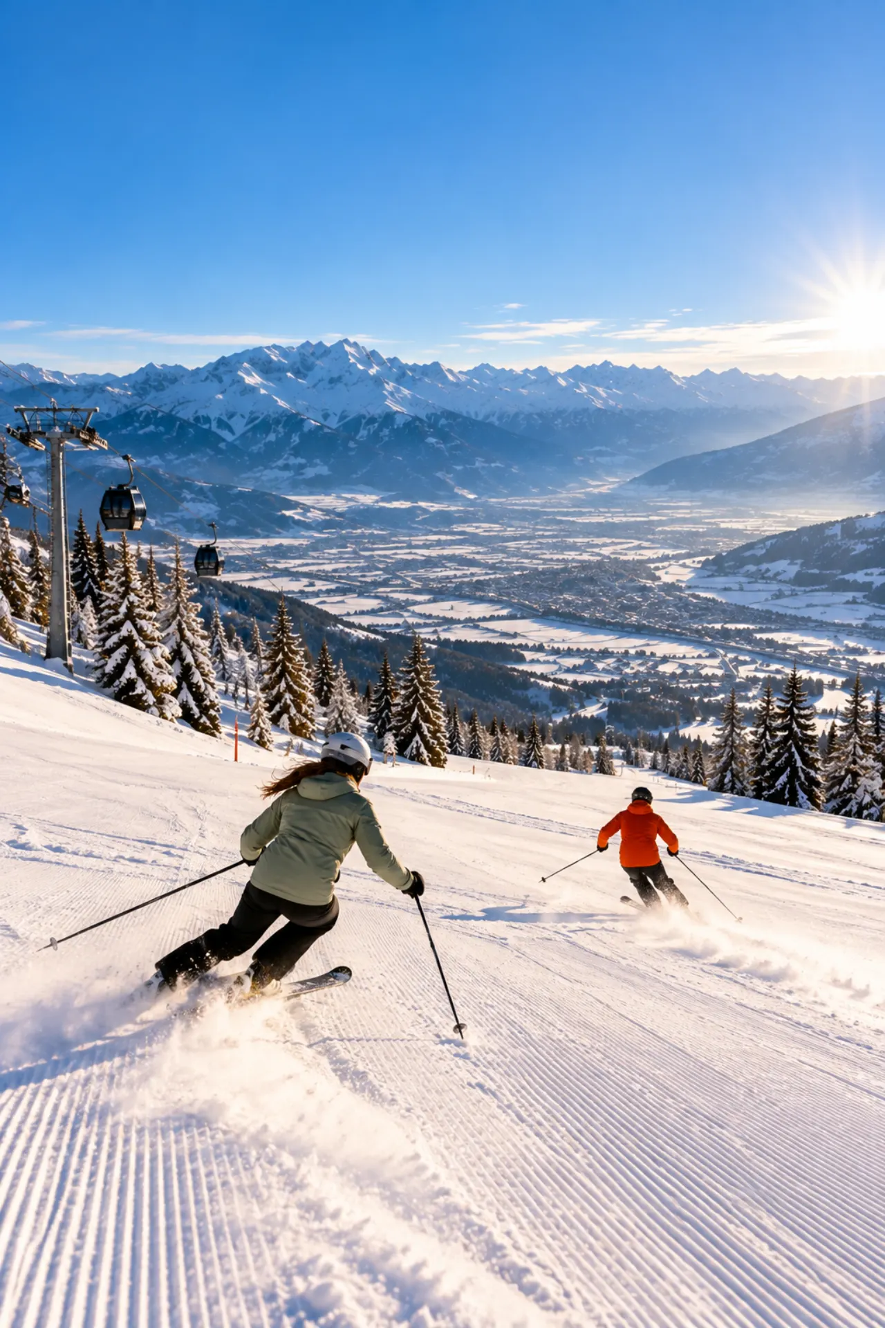 Twee skiërs die de piste afgaan in Glungezer.