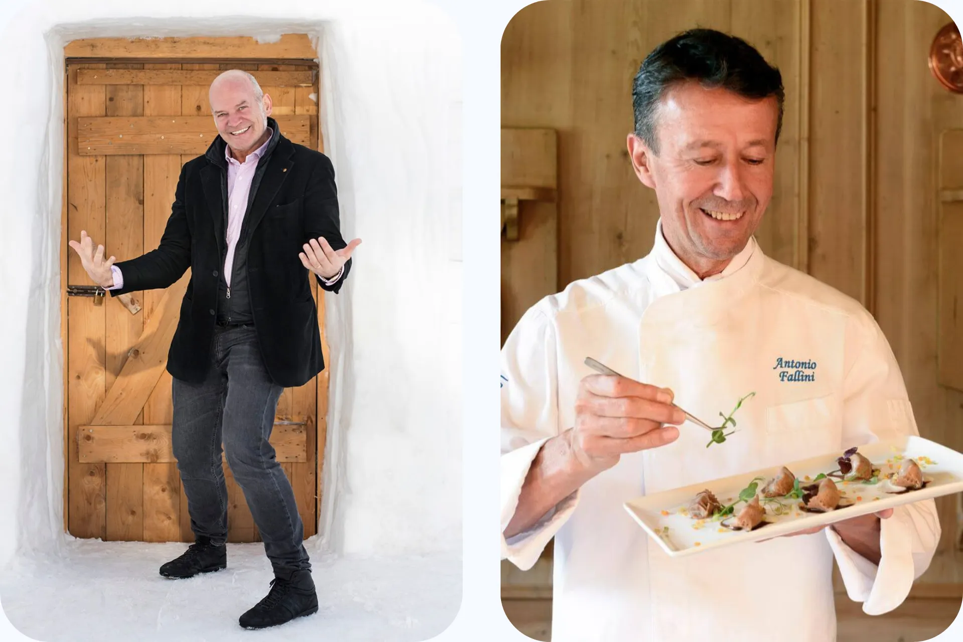 Twee afbeeldingen. Links staat de eigenaar van hotel Lac Salin voor de ingang van het Snow Chalet en rechts staat de chefkok met een gerechtje van het diner.