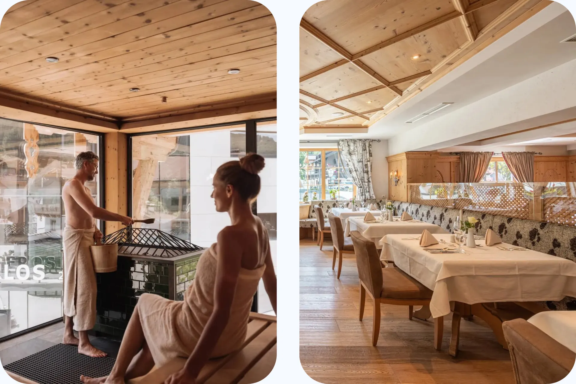 Twee afbeeldingen. Links zie je twee bezoekers in de sauna in het wellness gedeelte en rechts zie je het restaurant van hotel Gaspingerhof in Gerlos Oostenrijk.