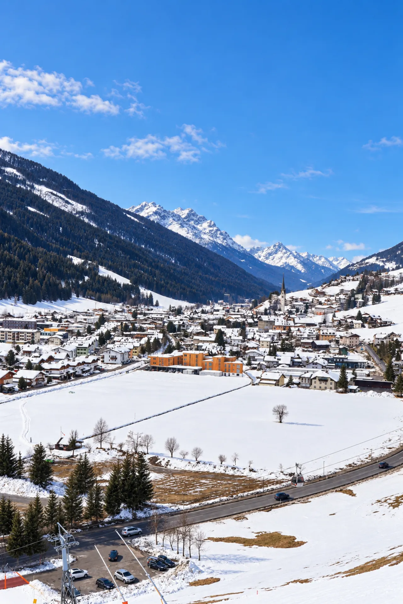 Omgeving van Skizentrum Sillian - Hochpustertal - Thurntaler met een dorp op de achtergrond 