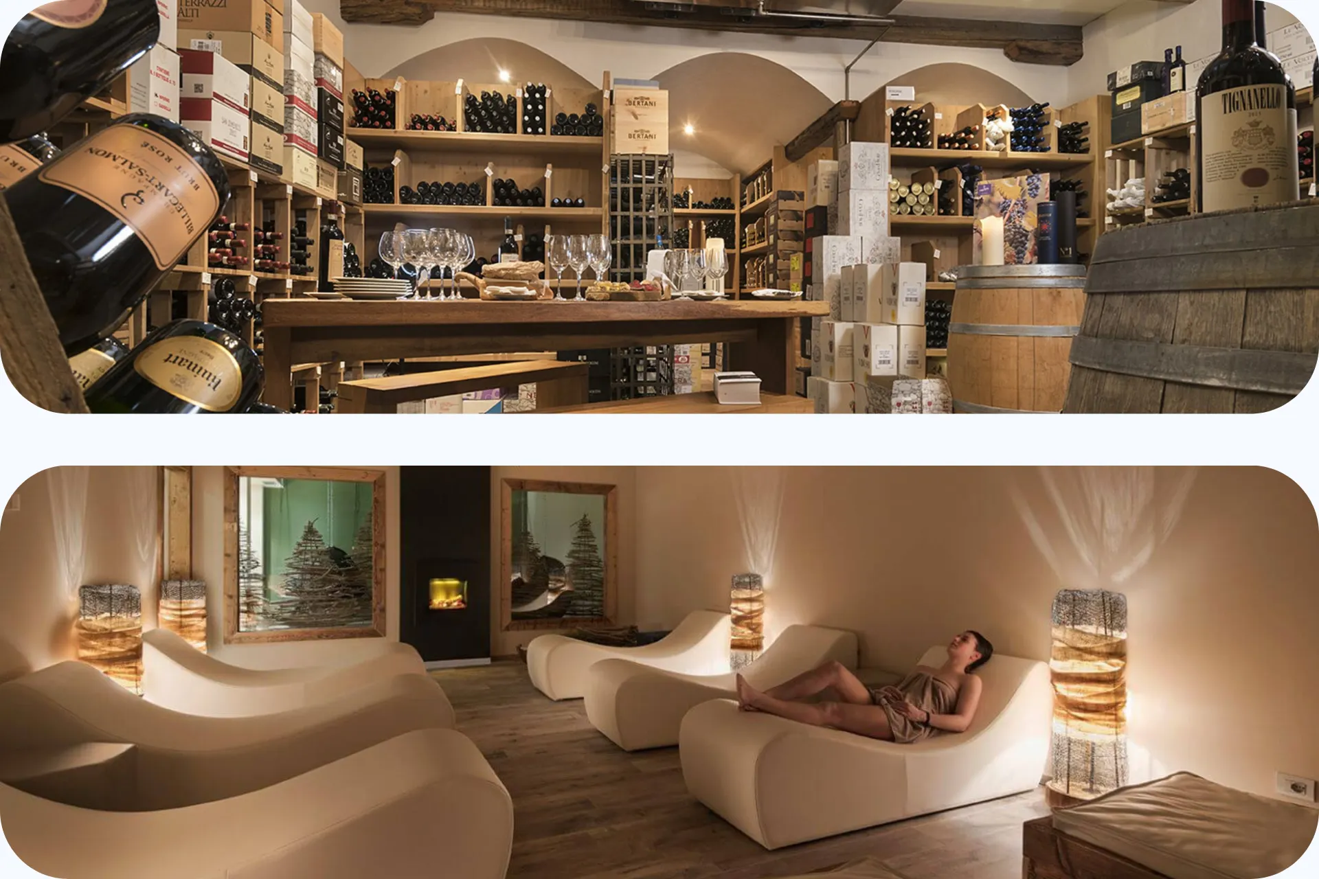 Twee afbeeldingen. Op de bovenste afbeelding staat de wijnkelder van hotel Lac Salin in Livigno Italië en op de onderste afbeelding zie je een gedeelte van de wellness in het hotel.