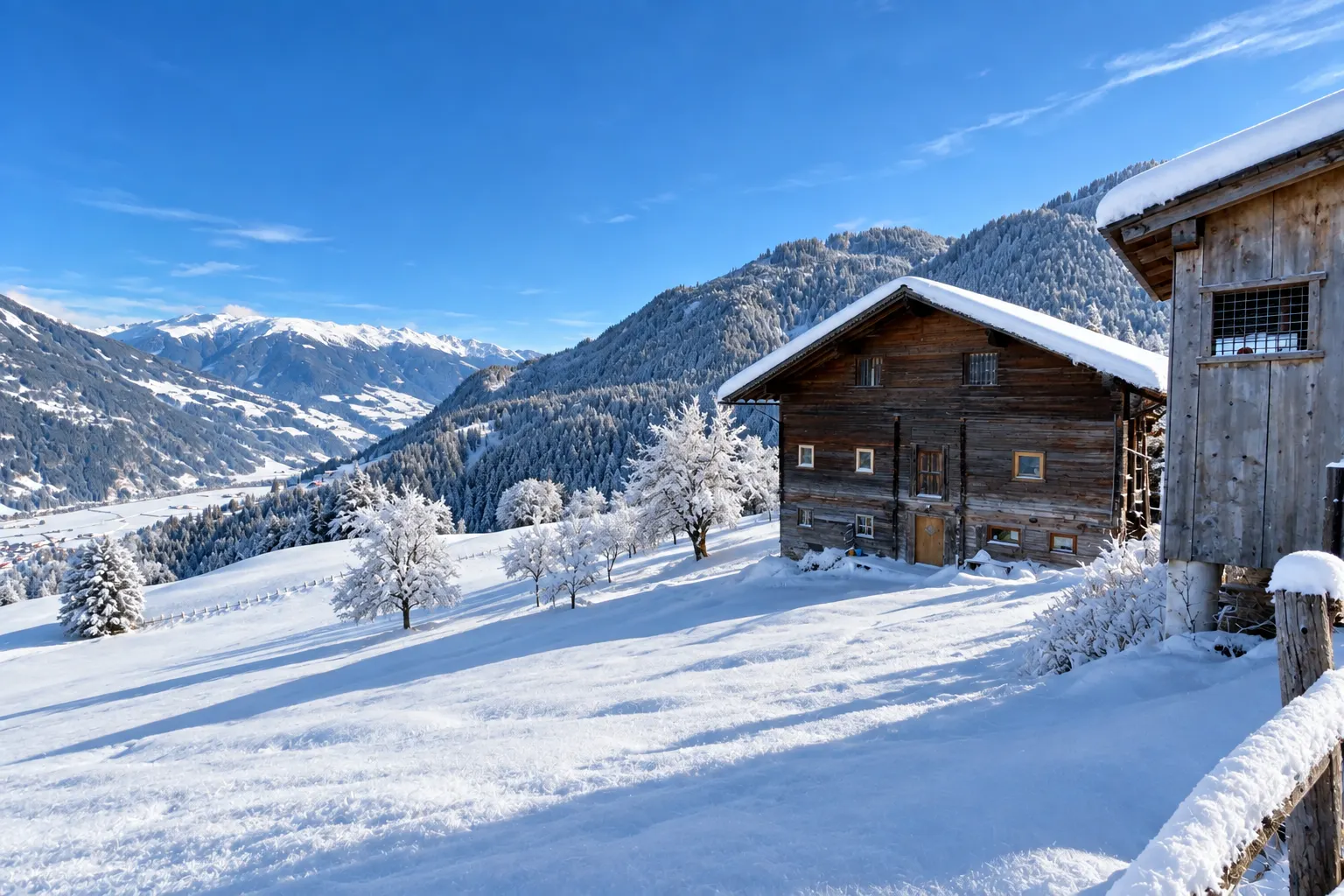 Besneeuwd winterlandschap met houten chalets bij skidorp Fügen
