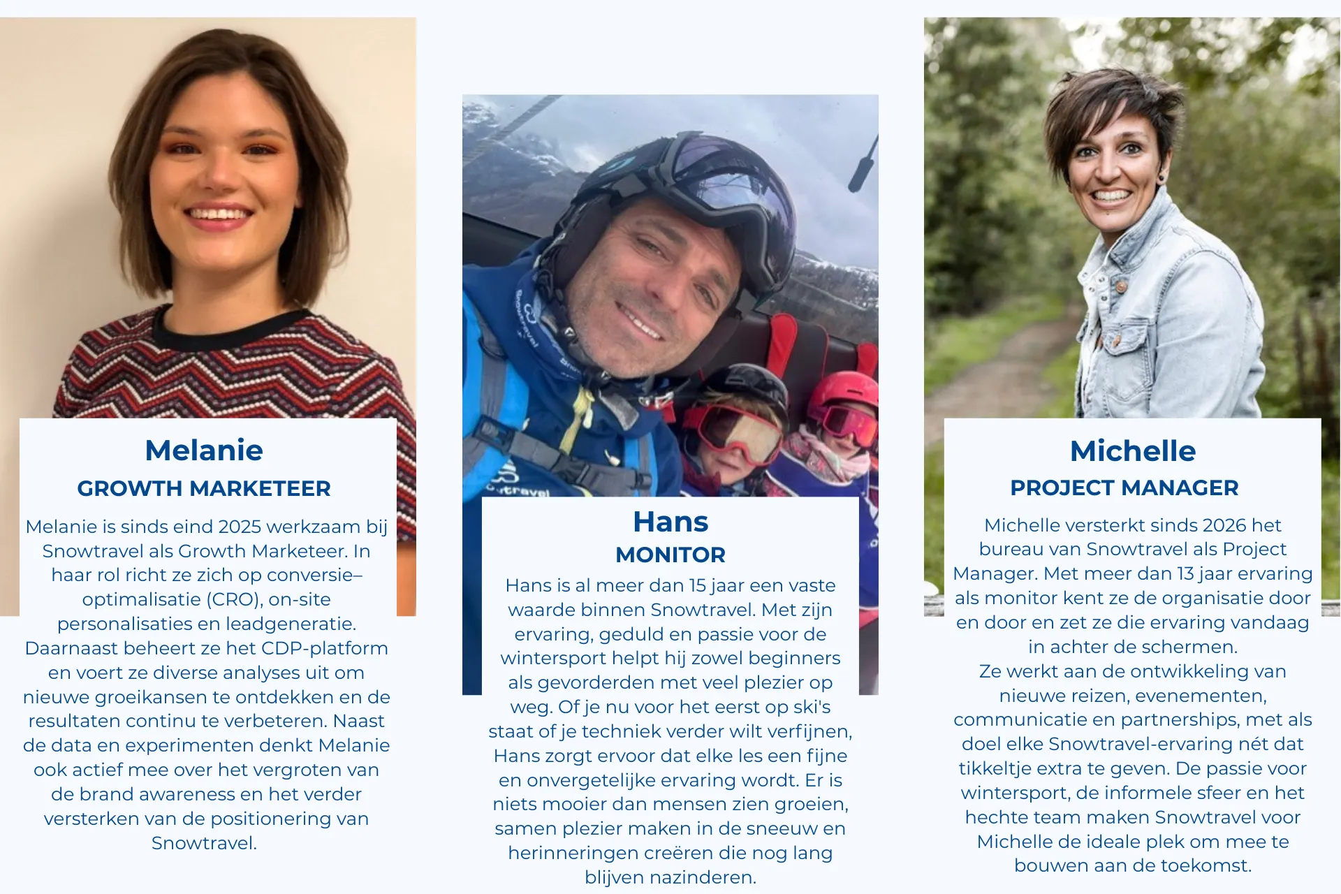 Drie medewerkers van Snowtravel die worden voorgesteld met een foto en introductie tekst.  