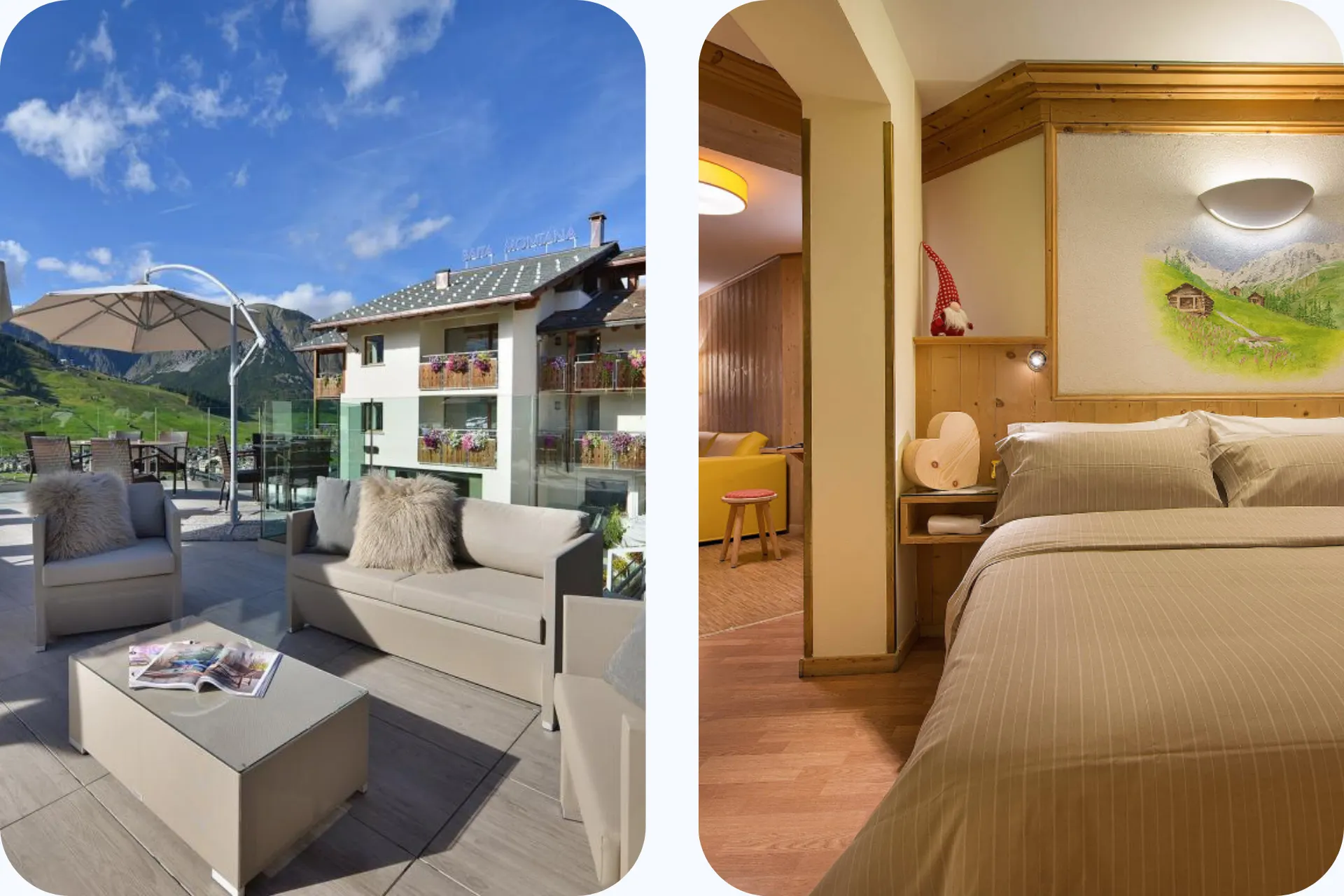 Twee afbeeldingen. Links van panorama terras en rechts van een familiekamer in hotel Baita Montana in Livigno Italië.