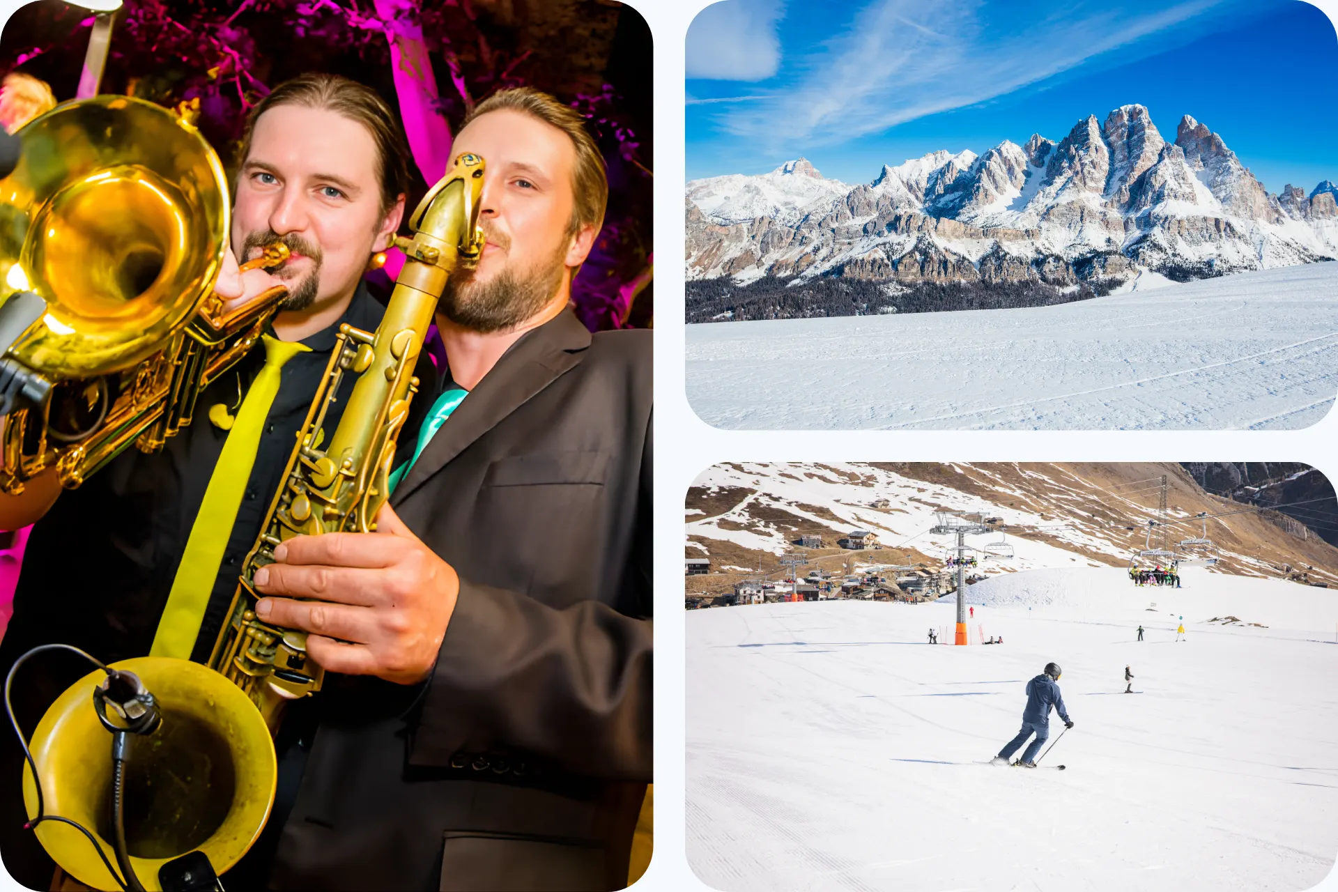 Collage van de themareizen bij Snowtravel.