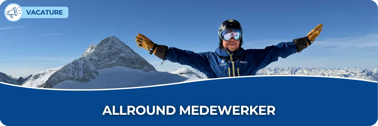 Foto met tekst: allround medewerker en een blije man op de piste 