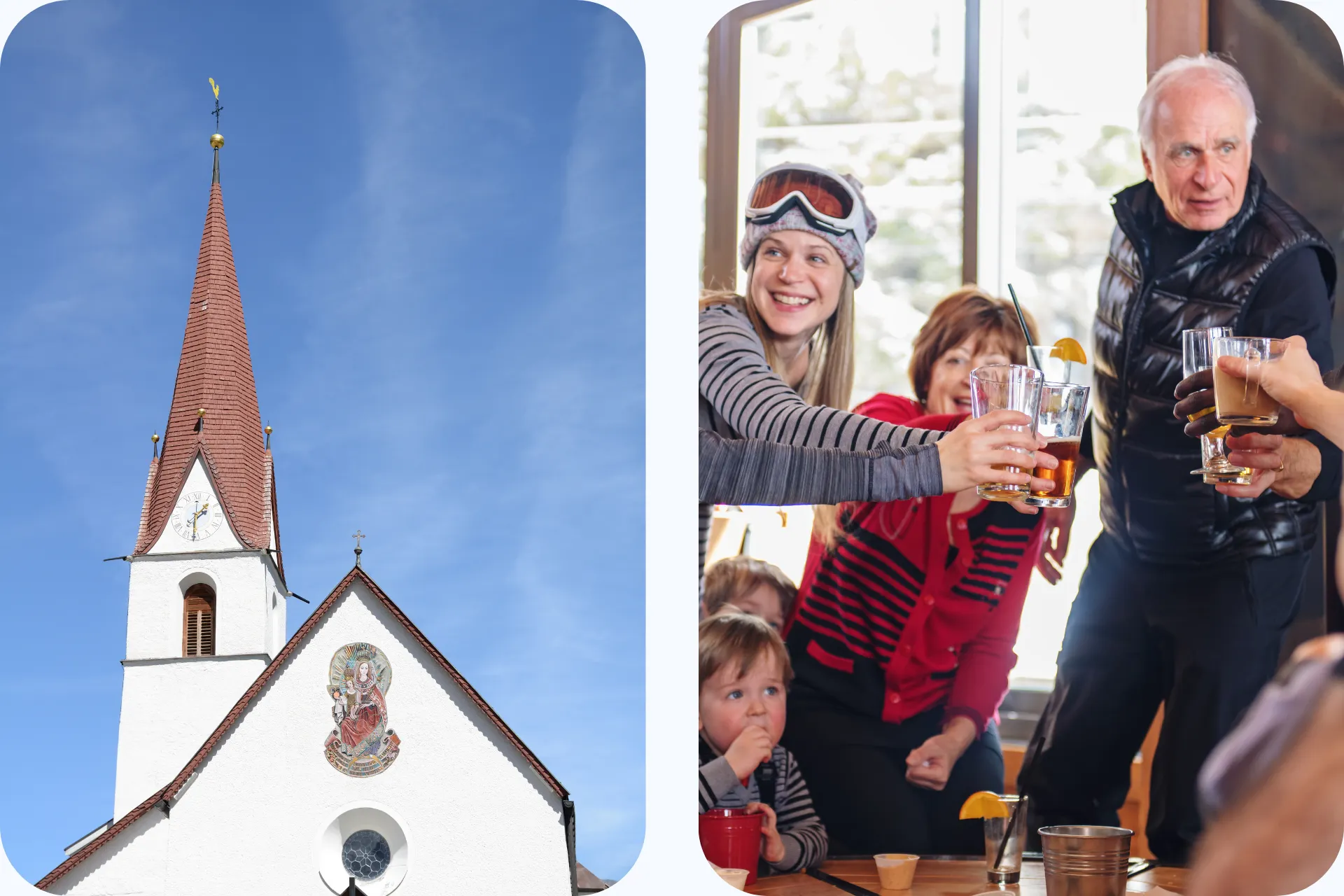 Twee afbeeldingen. Links is de kerk in Obergurgl te zien en rechts is een familie na het skiën aan het proosten in een café in Obergurgl.