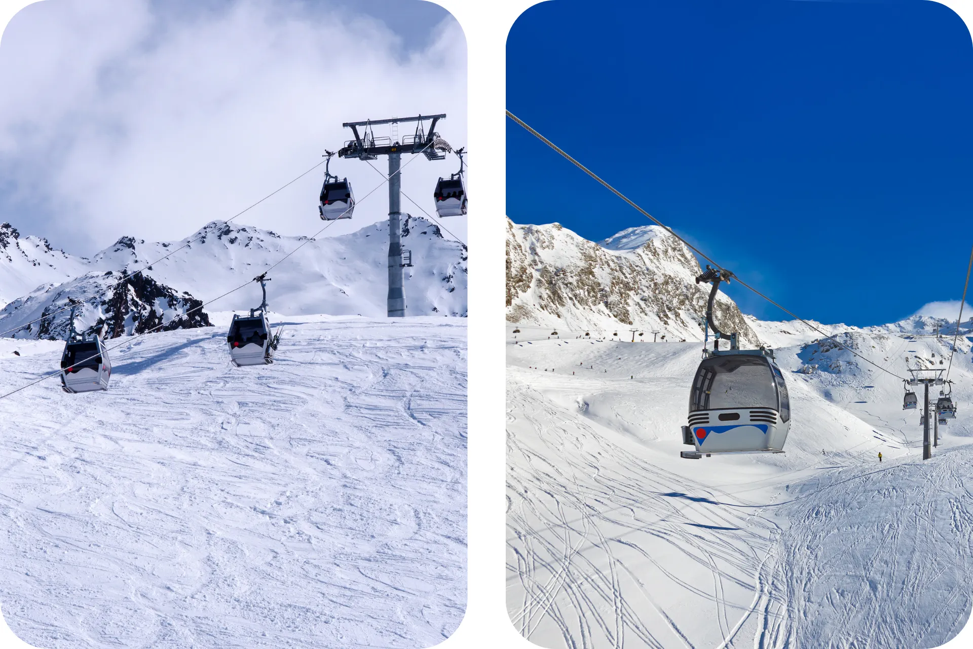 Twee afbeeldingen met op beide de gondel in het skigebied Obergurgl-Hochgurgl.