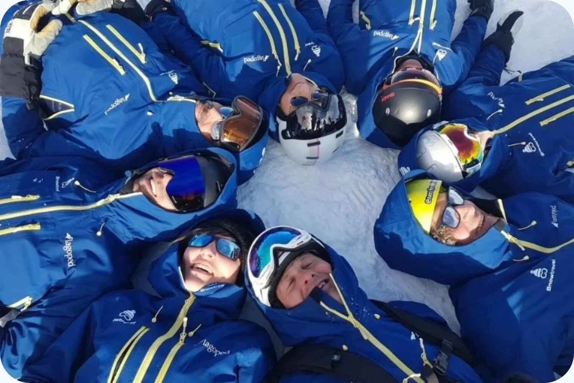 Groep Snowtravel skimonitoren samen in de sneeuw.