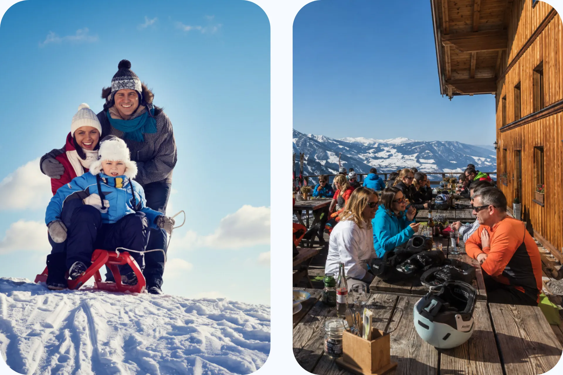 Twee afbeeldingen links een familie die aan het rodelen zijn n Söll en rechts skiërs die een tussenstop maken bij een berghut in Hopfgarten.