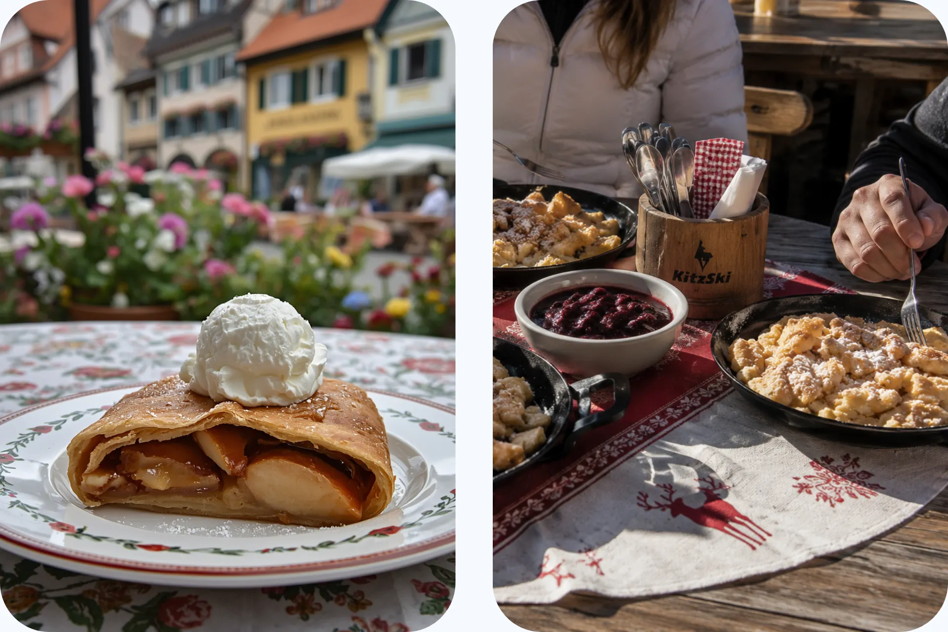 Twee afbeeldingen van tiroolse lekkernijen. Op de linker foto een apfelstrudel met een bolletje ijs en op de rechterafbeelding kaiserschmarrn met een rodevruchten compote.