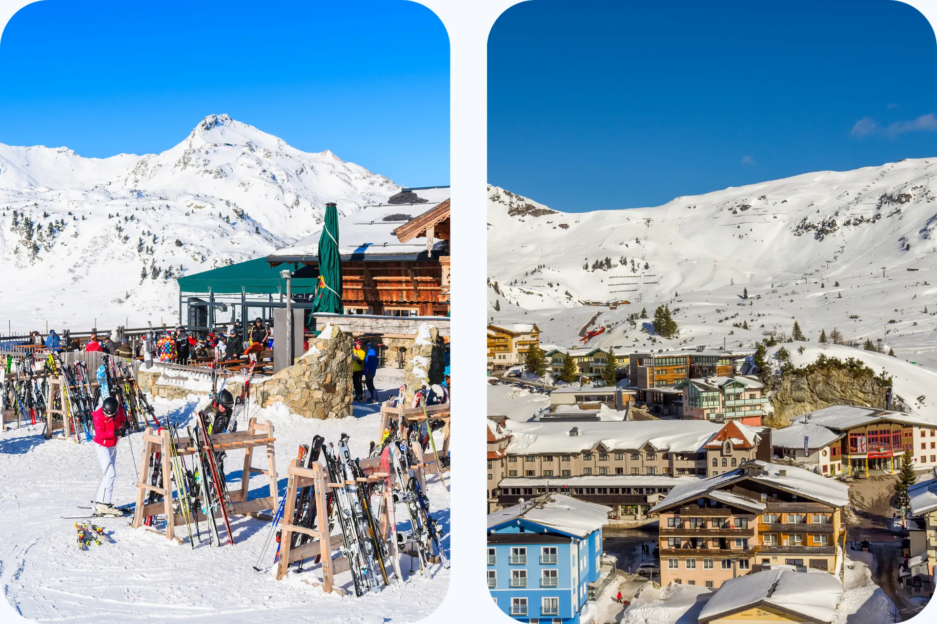 Winters tafereel in Obertauern met een zonnig terras vol ski’s en uitzicht op het besneeuwde dorp en de omliggende bergen.