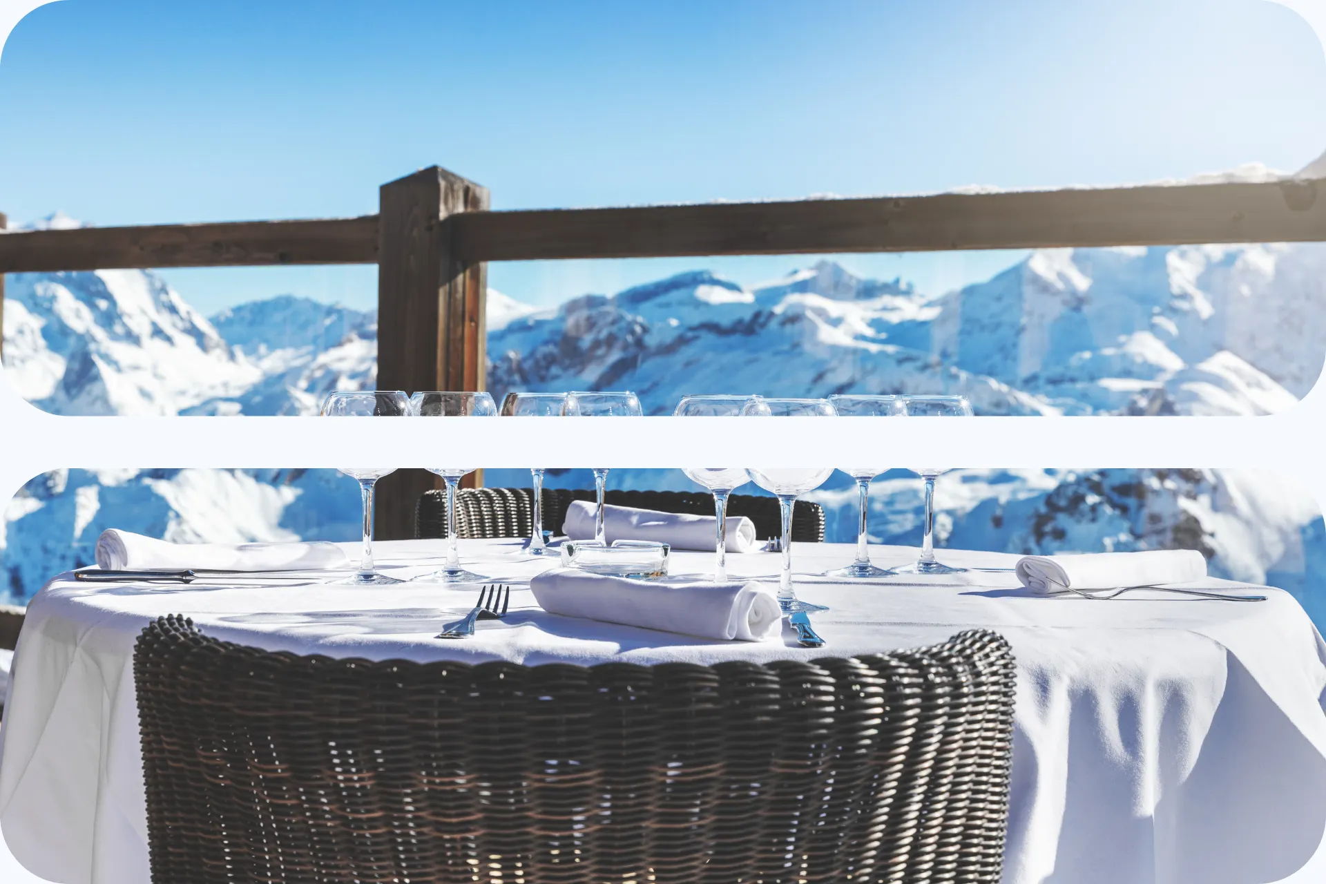 Foto van een gedekte tafel met uitzicht op bergen bedekt met sneeuw