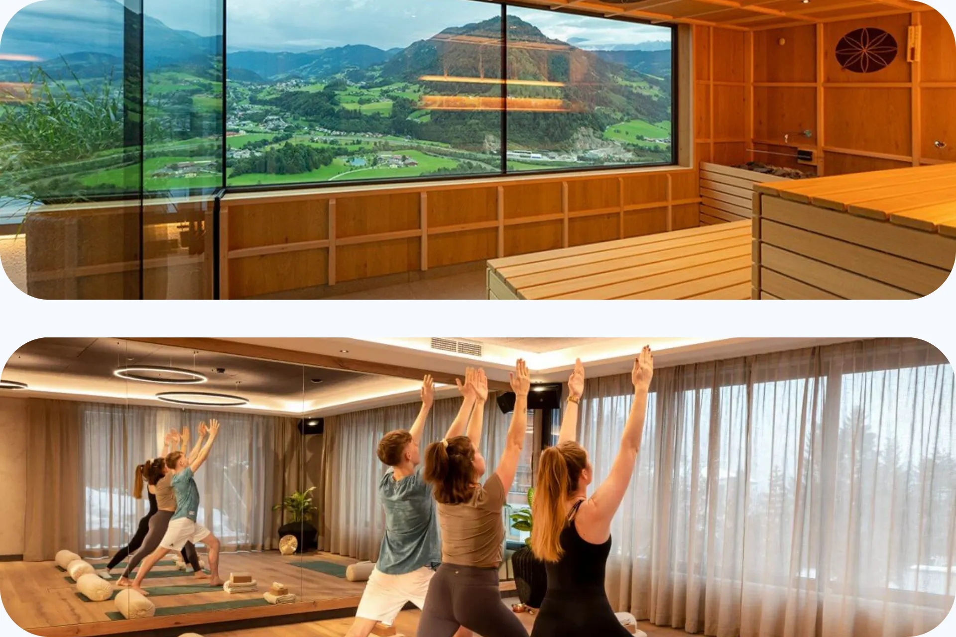 Twee afbeeldingen onder elkaar. De bovenste is van de sauna en het panorama uitzicht in hotel Alpendorf en het onderste is van een yoga klasje in hotel Alpendorf.
