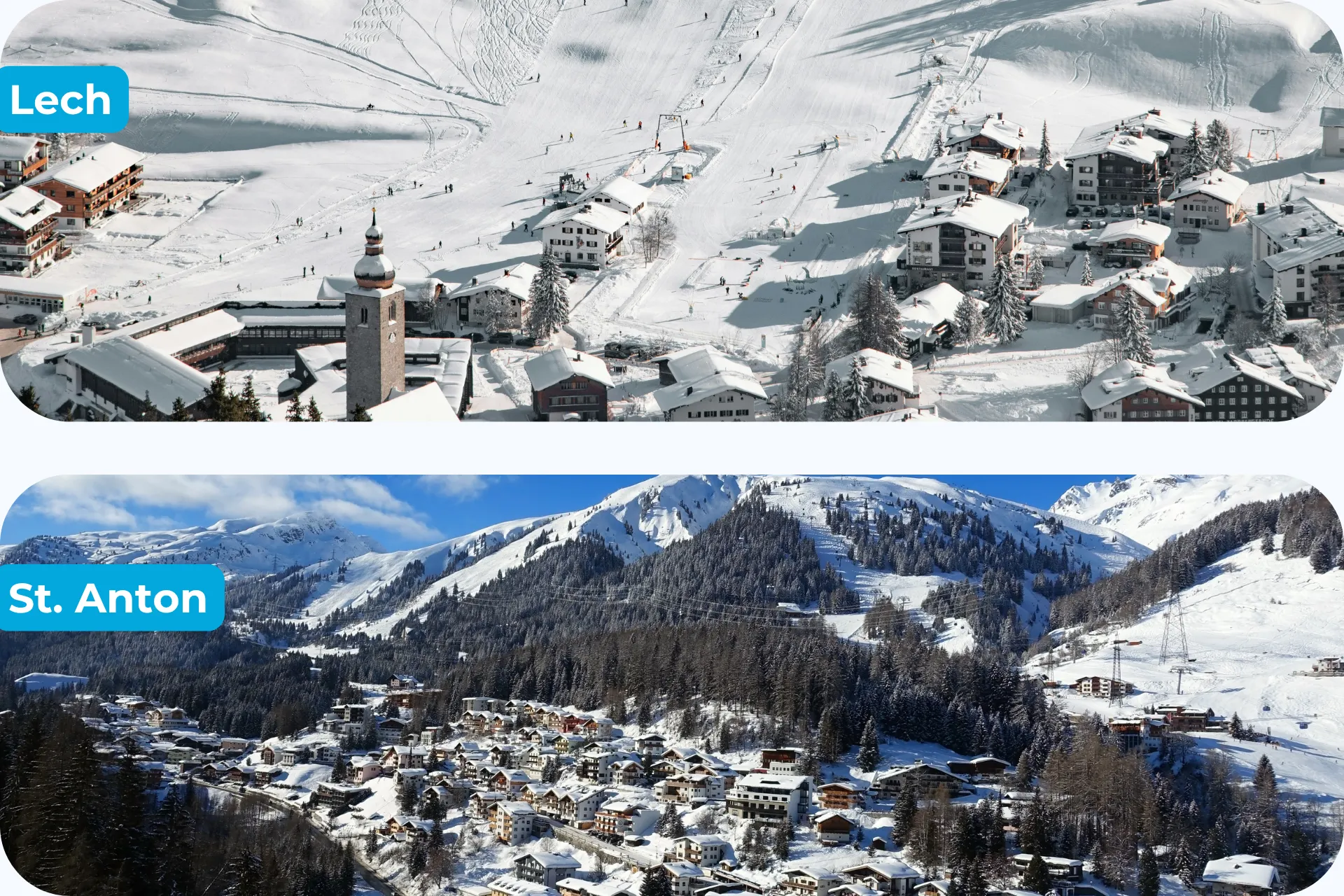 Foto van de dorpen Lech en St. Anton in Oostenrijk.