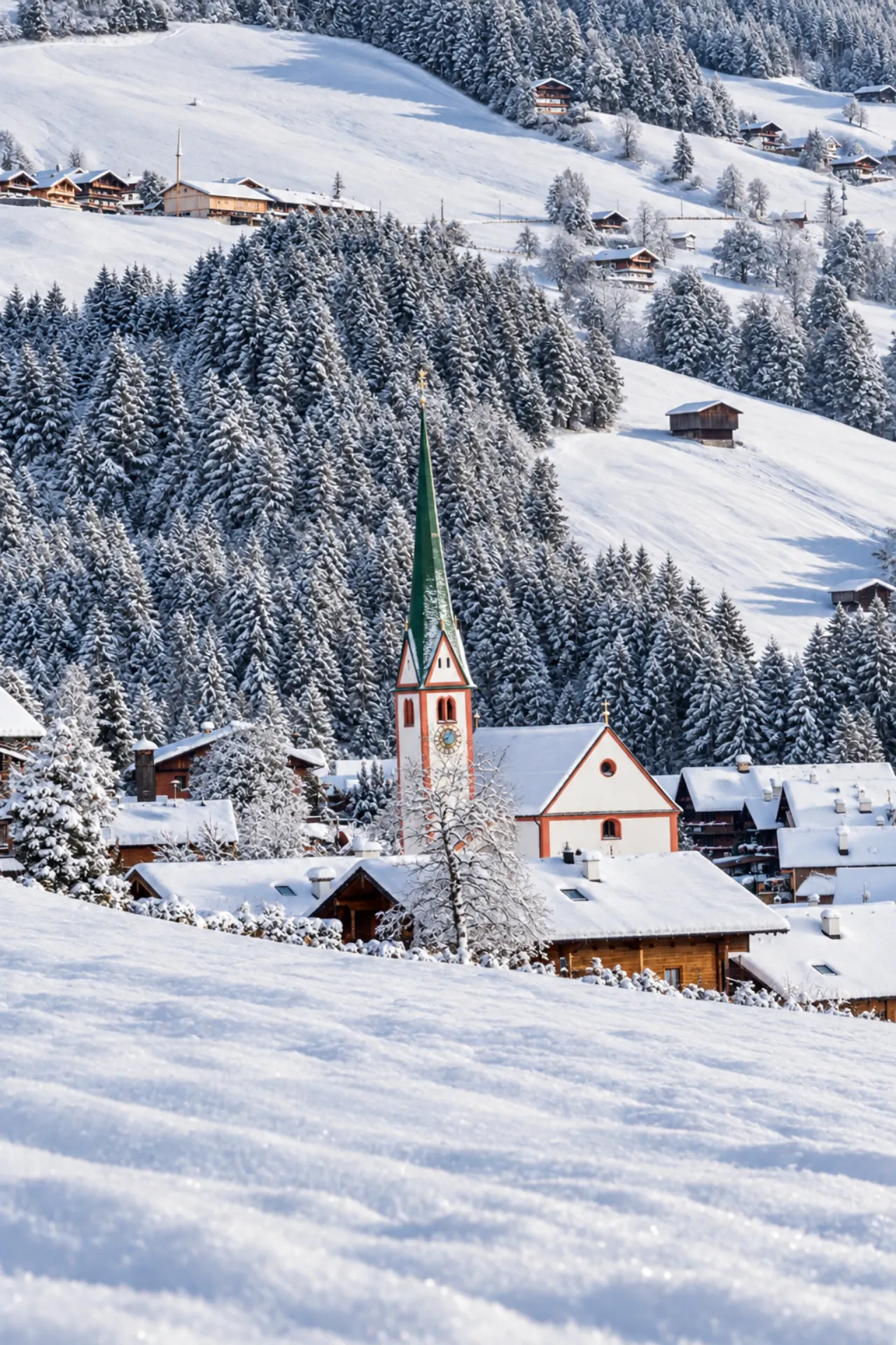 Kerk tussen de besneeuwde bergtoppen van Alpbach, Oostenrijk