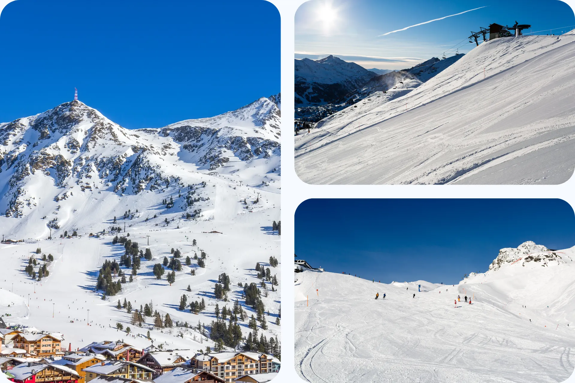Besneeuwde skipistes in Obertauern met skiliften, chalets en bergtoppen onder een heldere blauwe lucht.