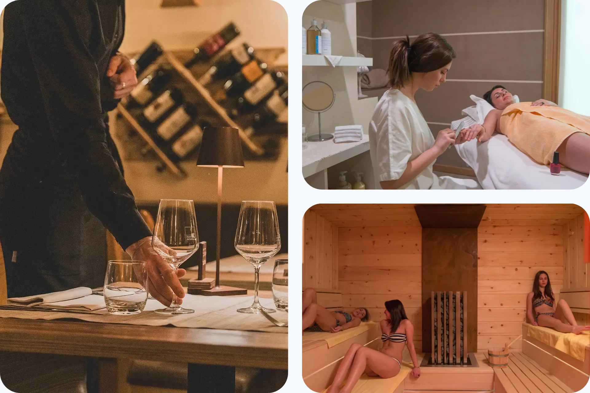 Drie afbeeldingen. Links een werknemer in de bediening die een tafel in het restaurant verzorgt van glazen wijn. Rechtsboven krijgt een bezoeker een behandeling in de wellness en rechtsonder zitten bezoekers in de sauna. Allemaal in hotel Amerikan in Livigno Italië.