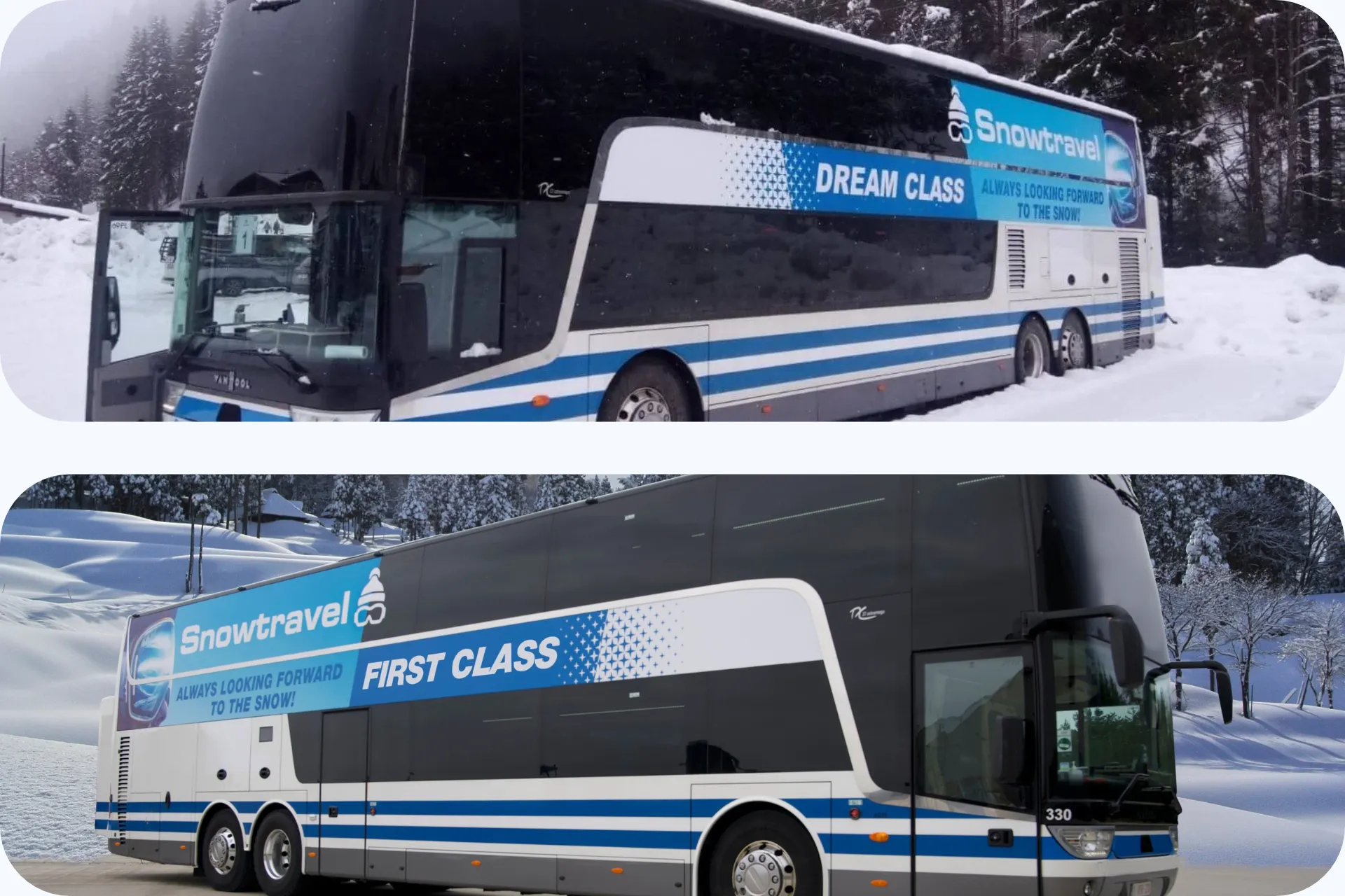Snowtravel Dream Class en First Class bussen in een besneeuwd wintersportlandschap.