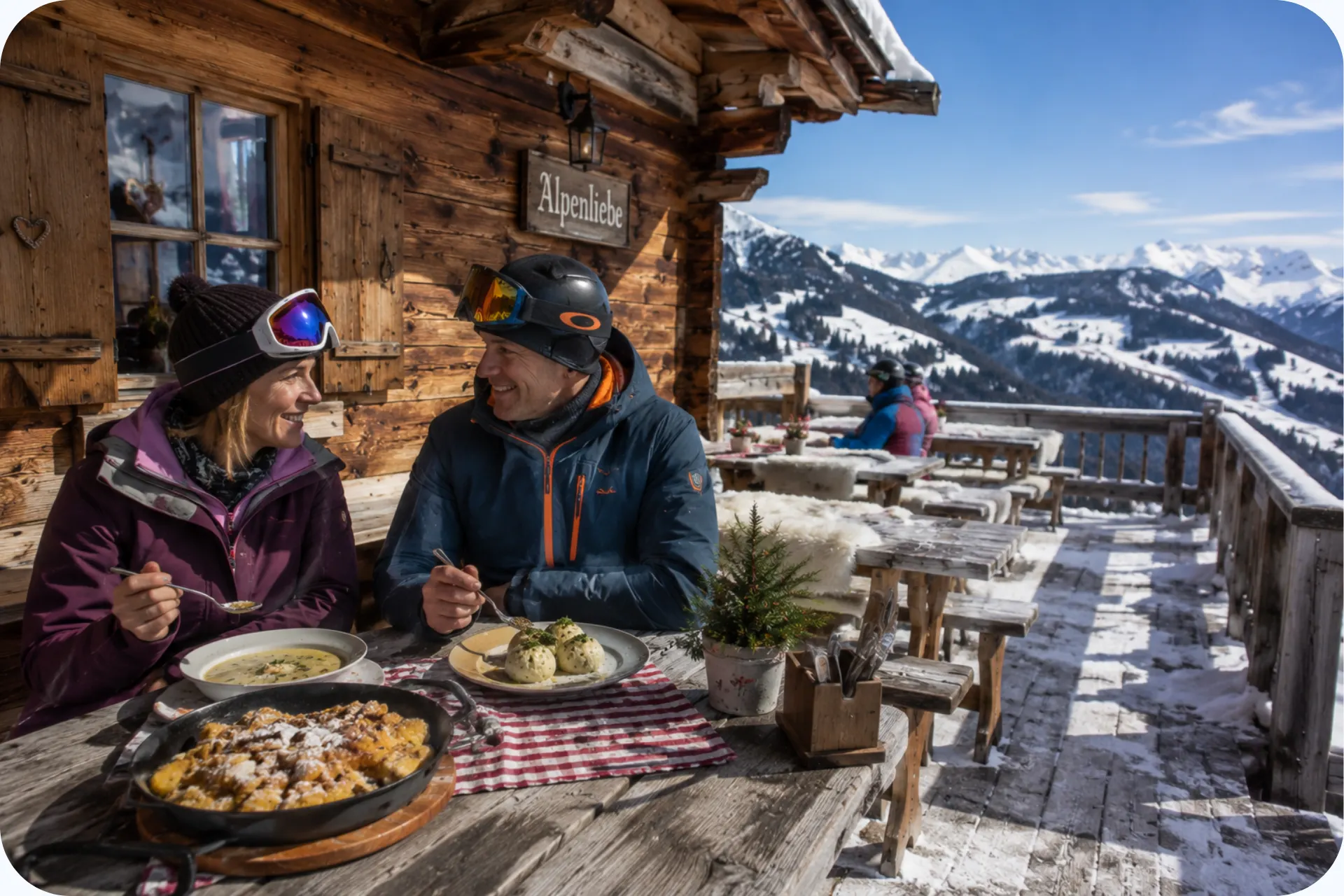 Een stel dat luncht in een berghut in het skigebied SkiWelt.
