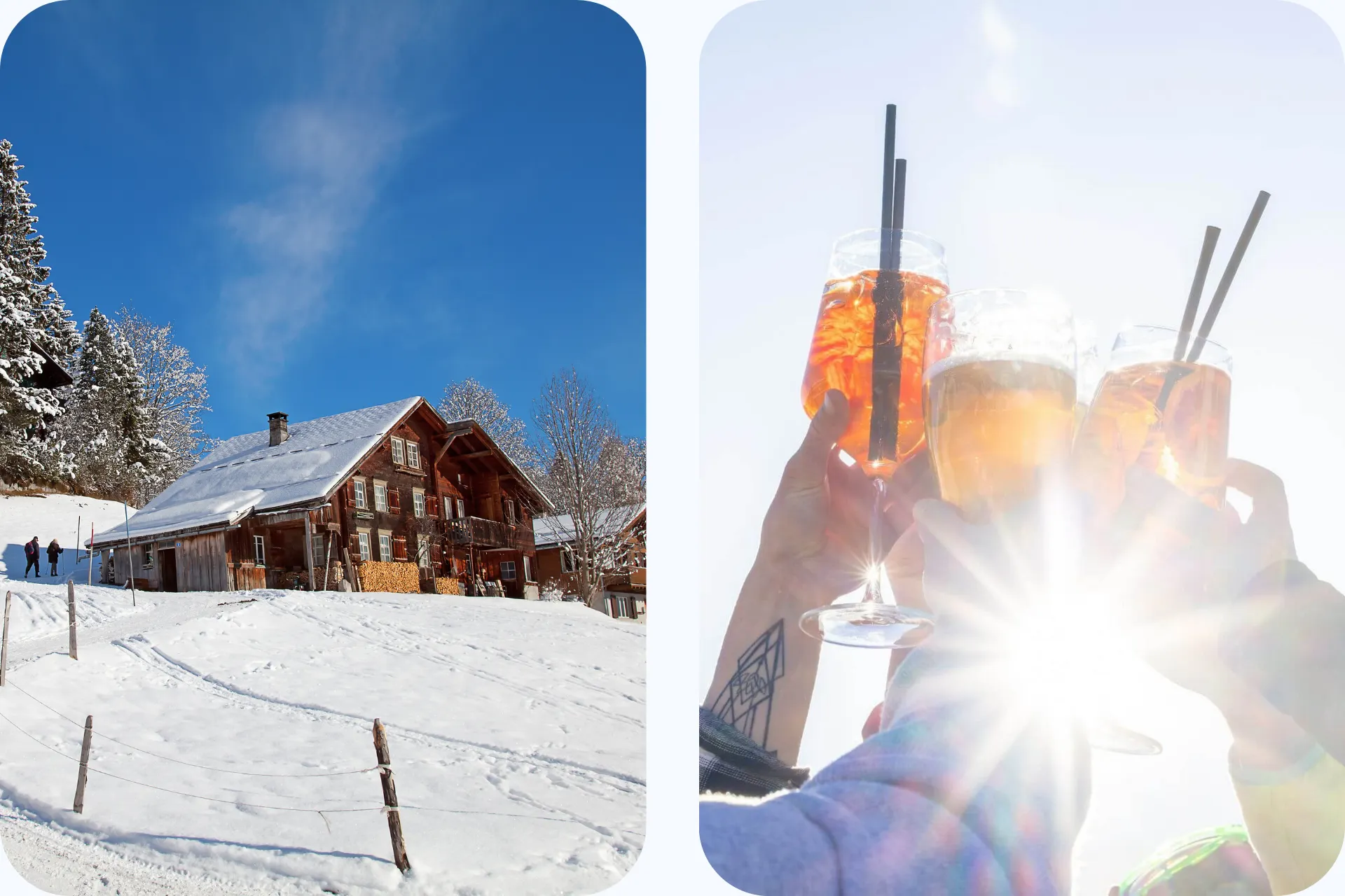 Berghut op de piste en mensen die met Aperol Spritz proosten