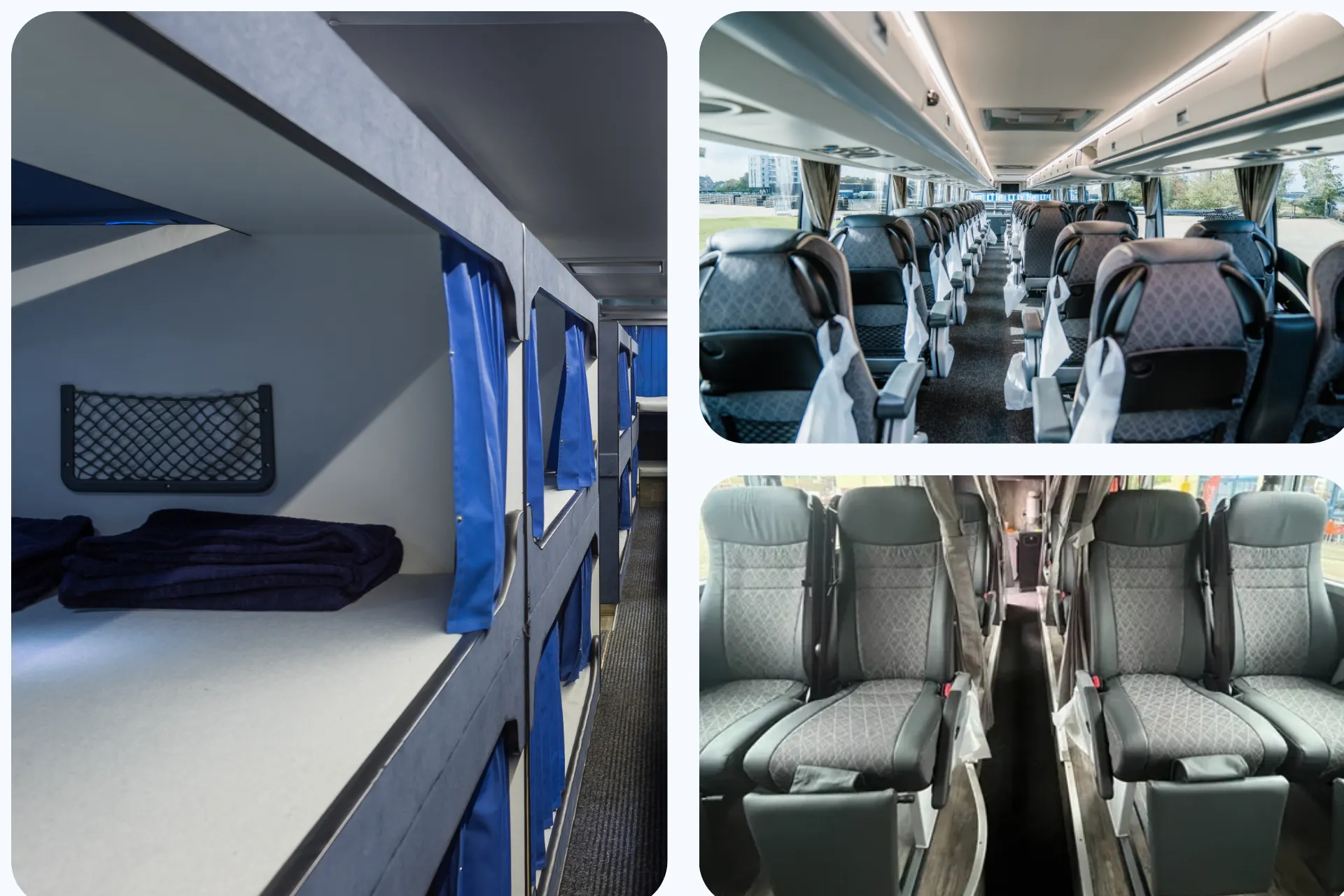 Drie afbeeldingen. Links de bovenverdieping van een dream class bus met bedden. rechtsboven de binnenkant van een first class bus en rechtsonder een rij stoelen in de premium class bus.