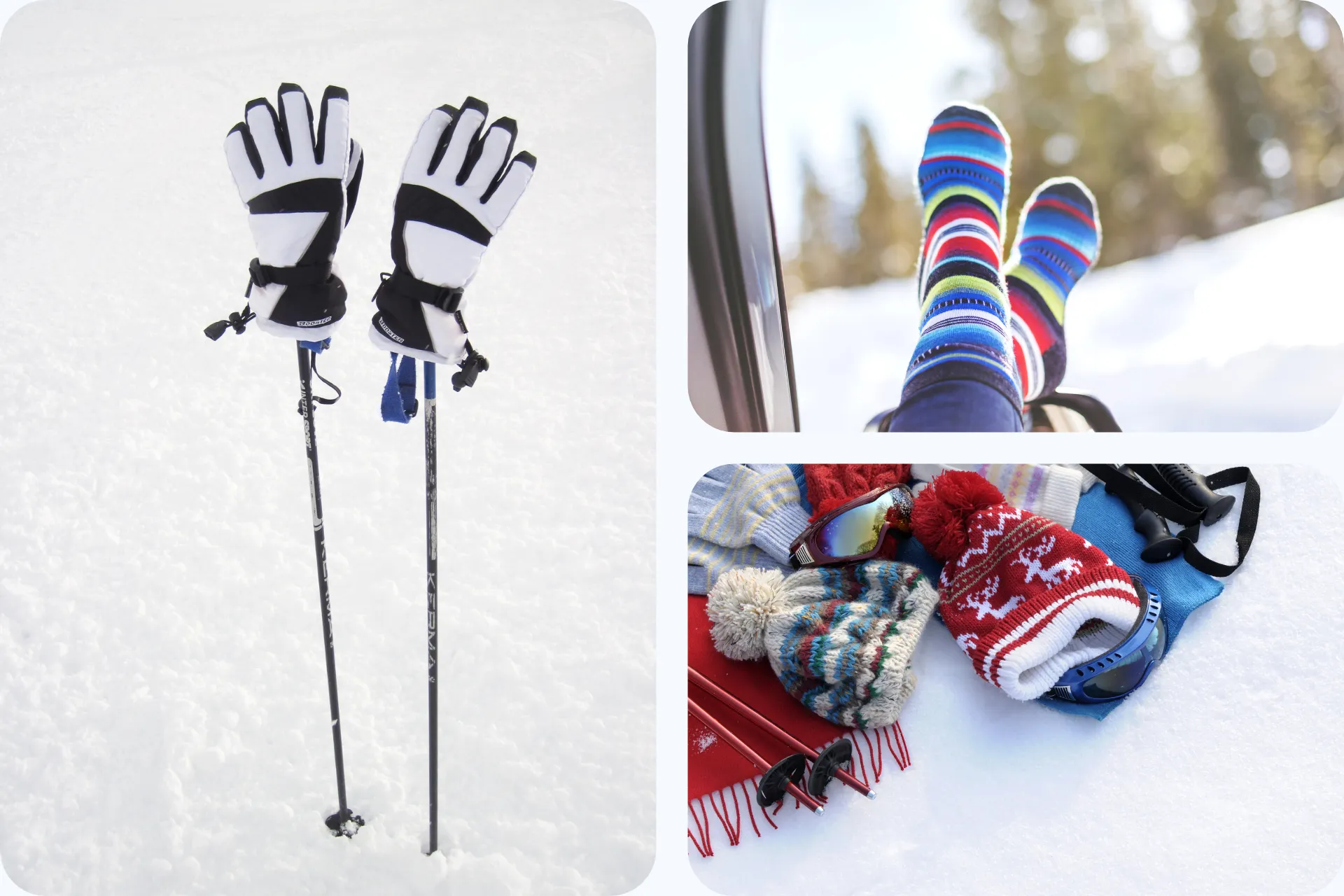 Een collage met verschillende wintersportaccessoires in de sneeuw, waaronder skihandschoenen, warme skisokken, mutsen en skibrillen.