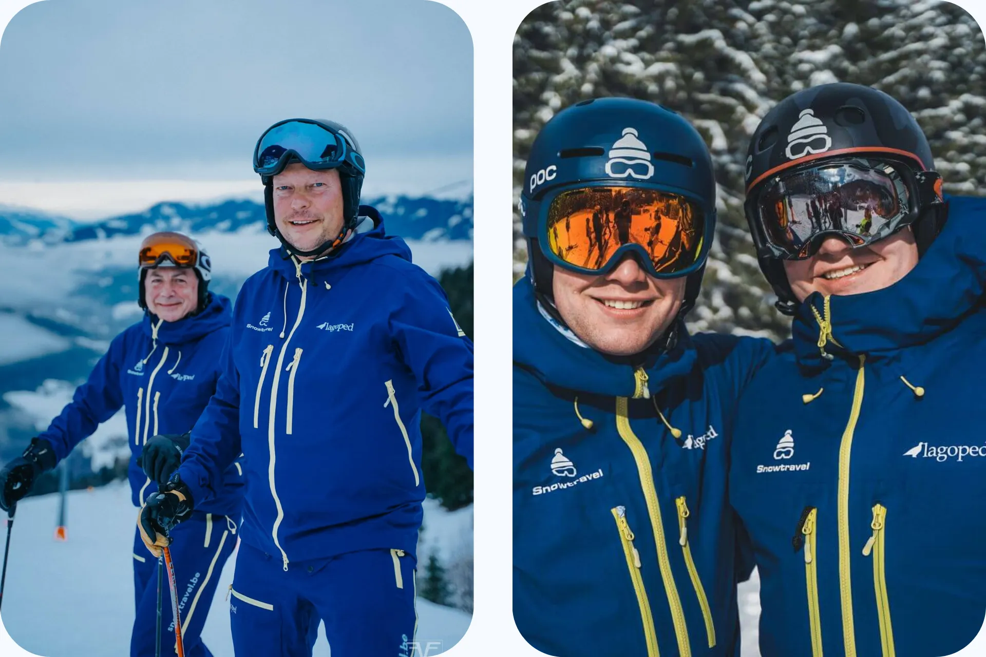 Twee afbeeldingen met op beide twee skimonitoren van Snowtravel die voor de camera poseren. 