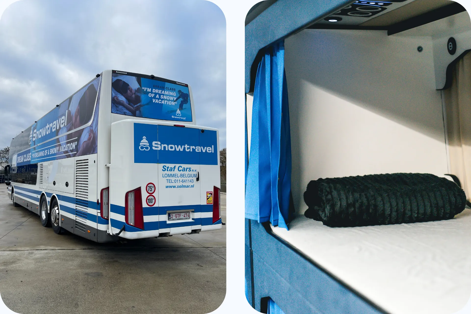 Foto van de binnen- en buitenkant van de Dream Class bus van Snowtravel
