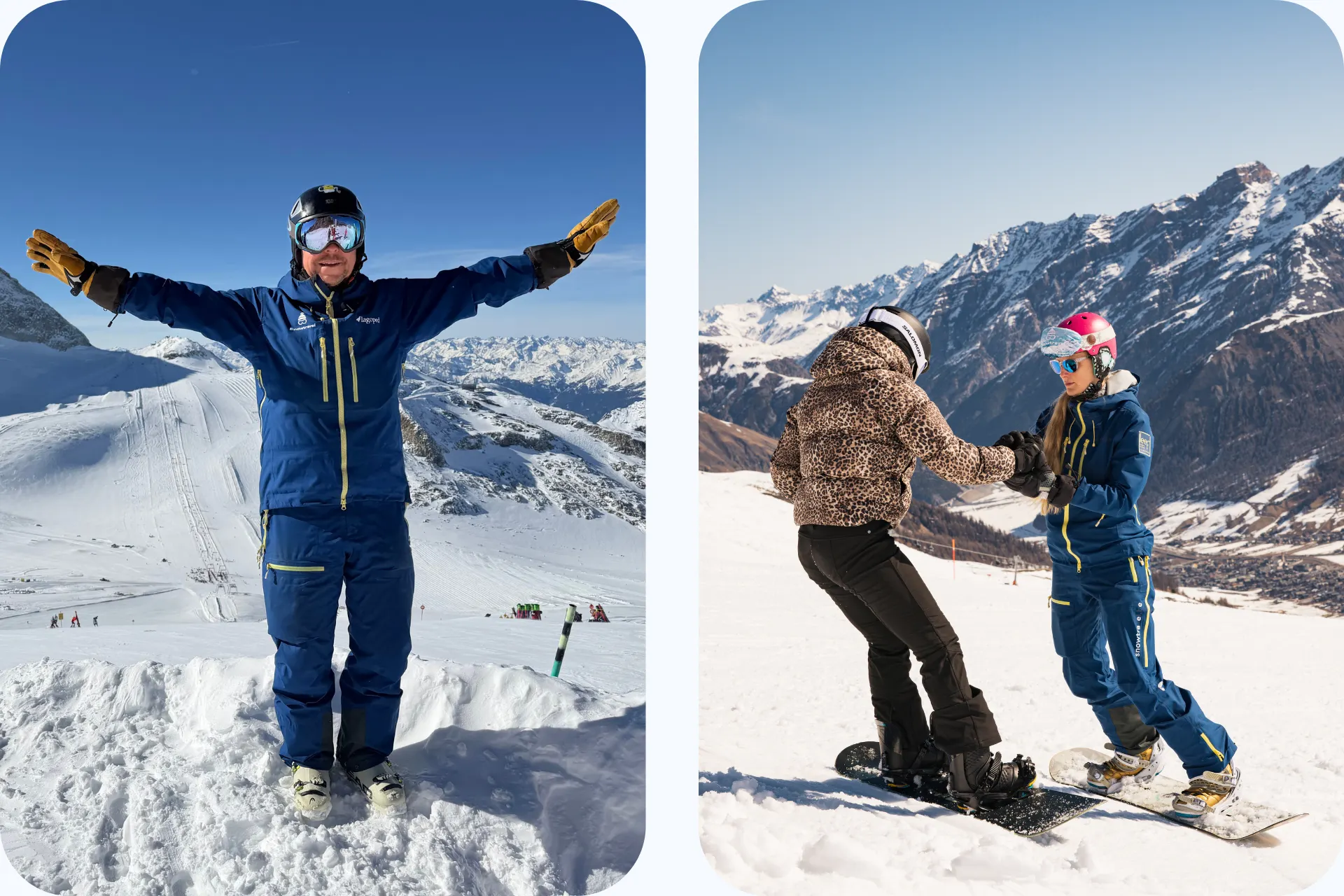Twee afbeeldingen. Links een skimonitor van Snowtravel op de berg met zijn handen in de lucht. Op de rechtse afbeelding een skimonitor van Snowtravel die een gast begeleidt met snowboarden.
