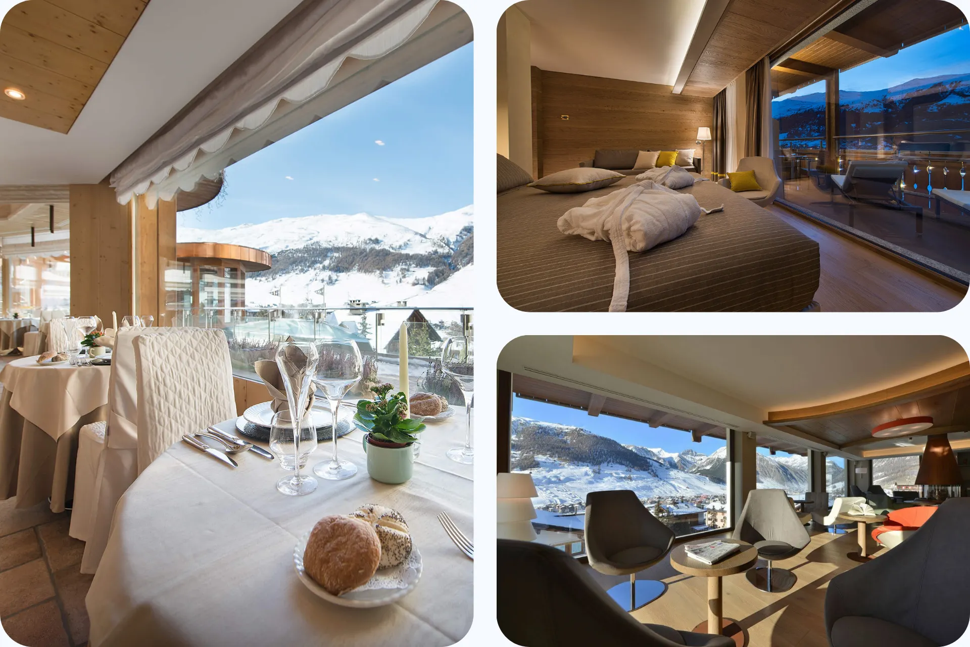 Drie afbeeldingen. Links het restaurant met panorama uitzicht. Rechtsboven de wellness suite en rechtsonder de loungebar met panorama uitzicht. Allemaal van hotel Baita Montana in Livigno Italië.