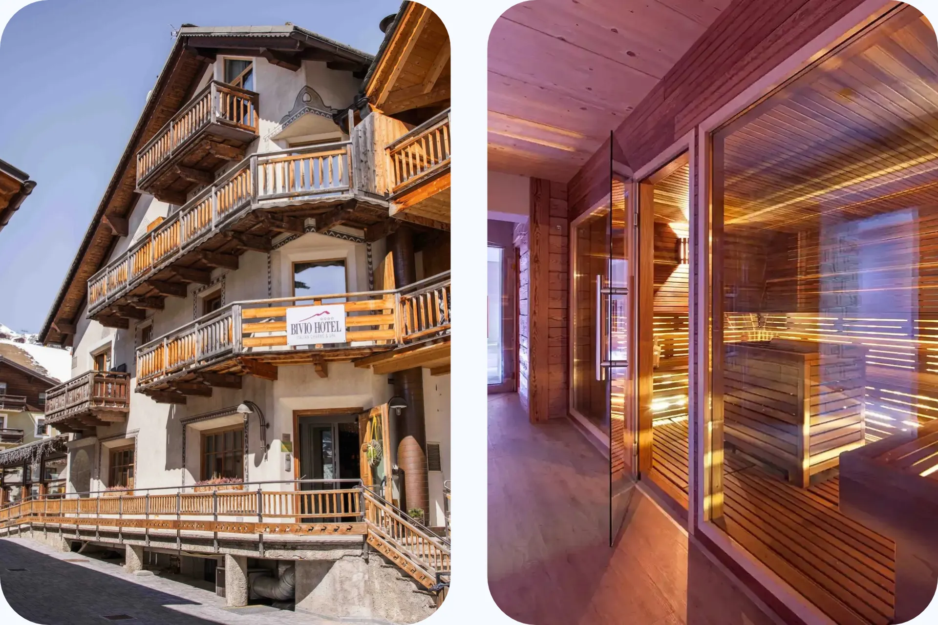 Hotel Bivio in Livigno met sfeervolle alpine uitstraling en een warme, moderne sauna.