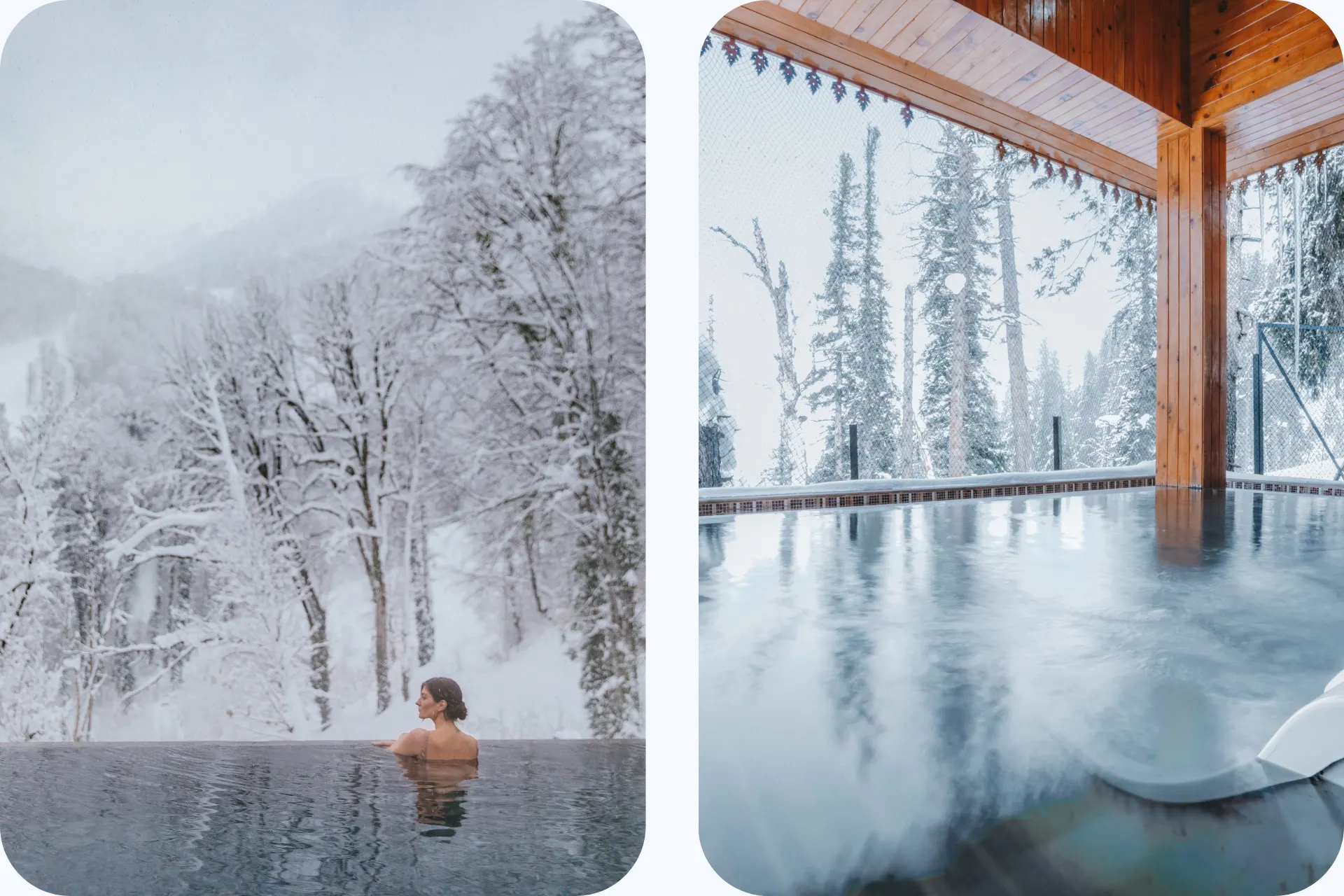Wellness in Bad Gastein met warme buitenbaden, besneeuwde bomen en een ontspannen winters uitzicht.
