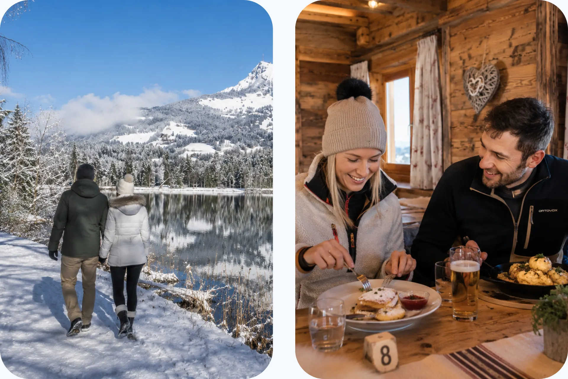 Twee afbeeldingen van een stel. Op de linkerafbeelding zijn ze een winterse wandeling aan het maken rondom de Schwarzsee in Kitzbühel en op de rechterafbeelding zitten ze te lunchen in een skihut.