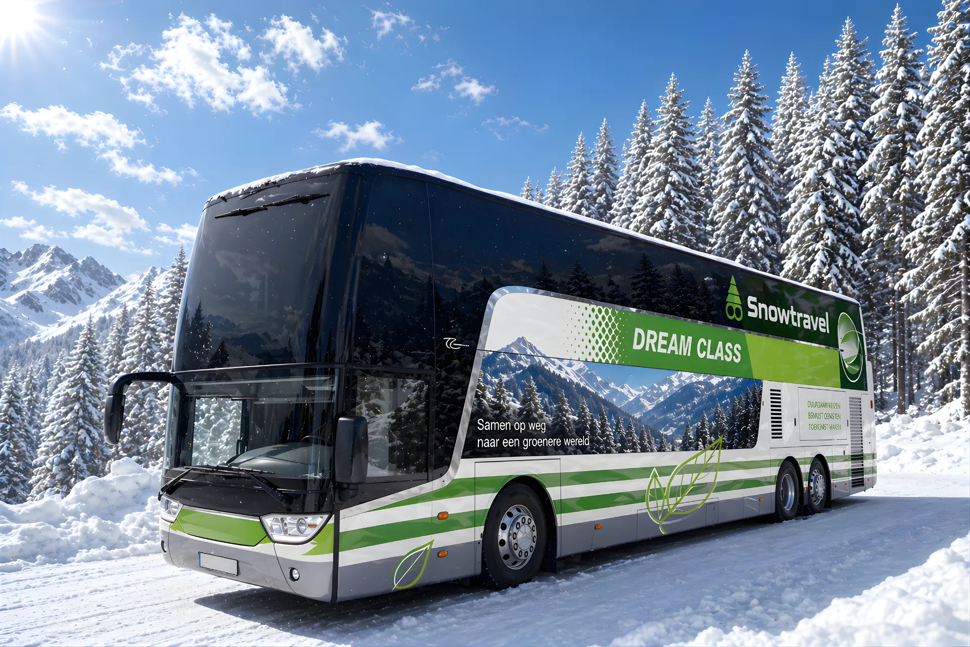 Groene fictieve bus van Snowtravel, samen naar een duurzame wereld.