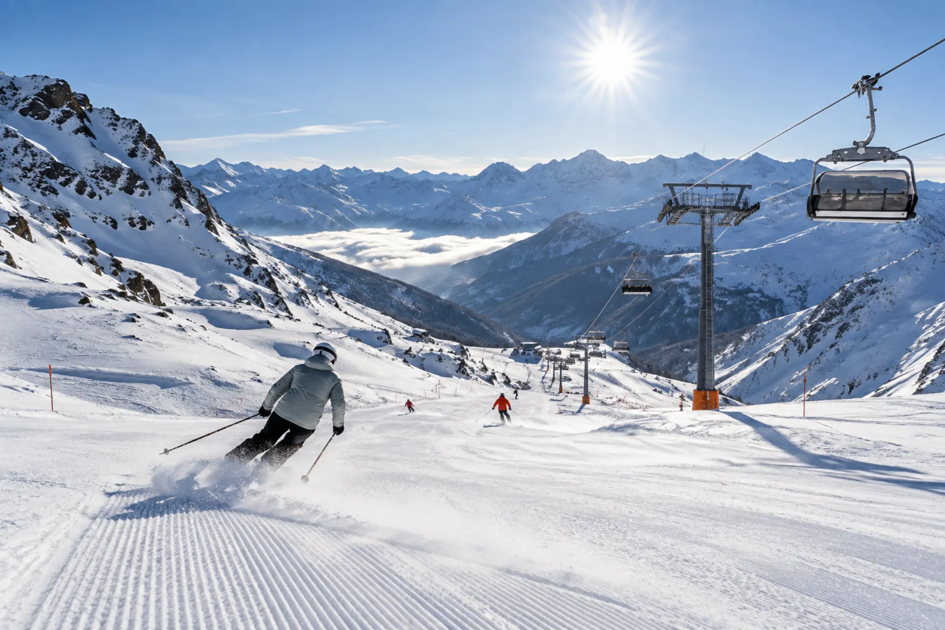 Een skiër die van de piste af gaat.