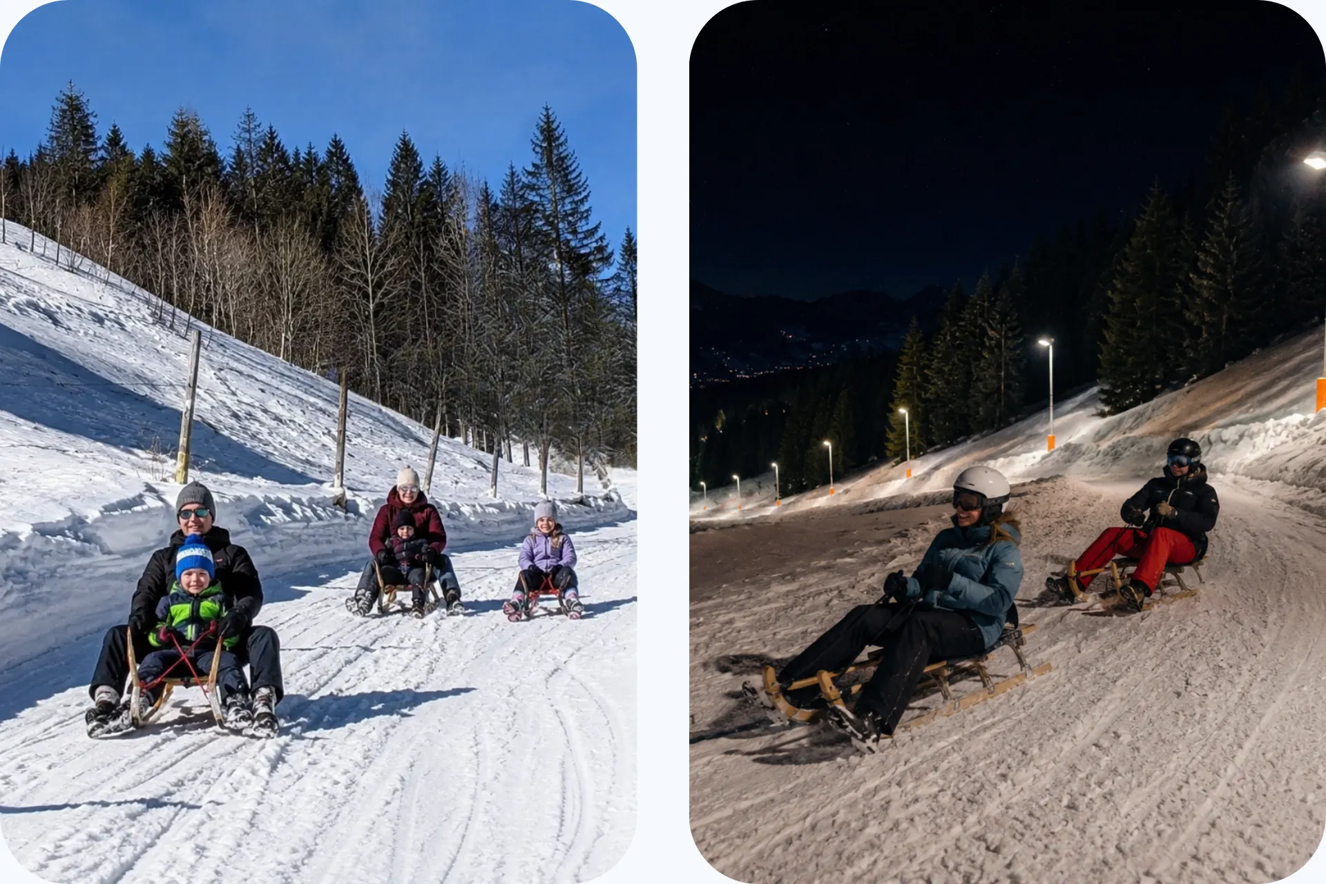 Twee afbeeldingen met op beide afbeeldingen mensen die aan het rodelen zijn van de Gaisberg in KitzSki. Op de linkerafbeelding overdag en op de rechterafbeelding in de avond.