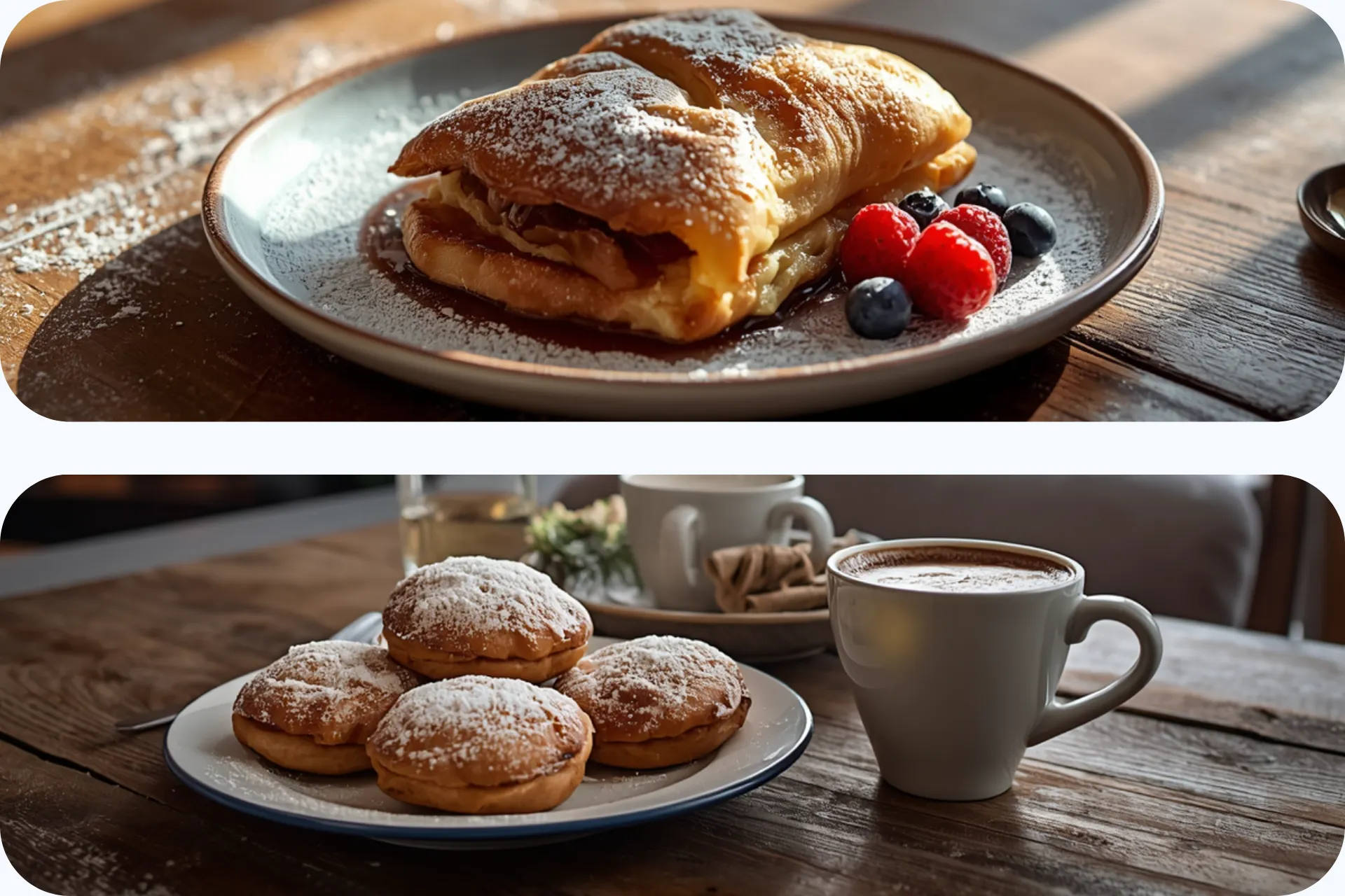 Zoetige lekkernijen die typisch zijn in het SkiWelt gebied. Bovenste afbeelding Strudel en onderste afbeelding germknödel.