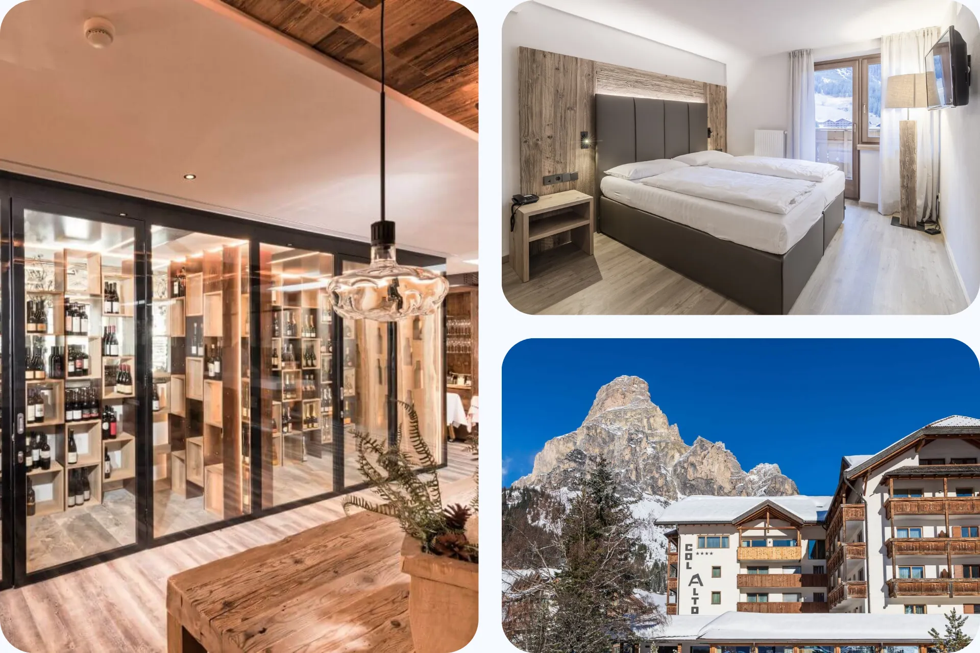 Drie afbeeldingen. Links een afbeelding van de wijnkast in het restaurant, rechtsboven een afbeelding van een hotelkamer en rechtsonder een afbeelding van het buitenaanzicht van het hotel Col Alto in Corvara.